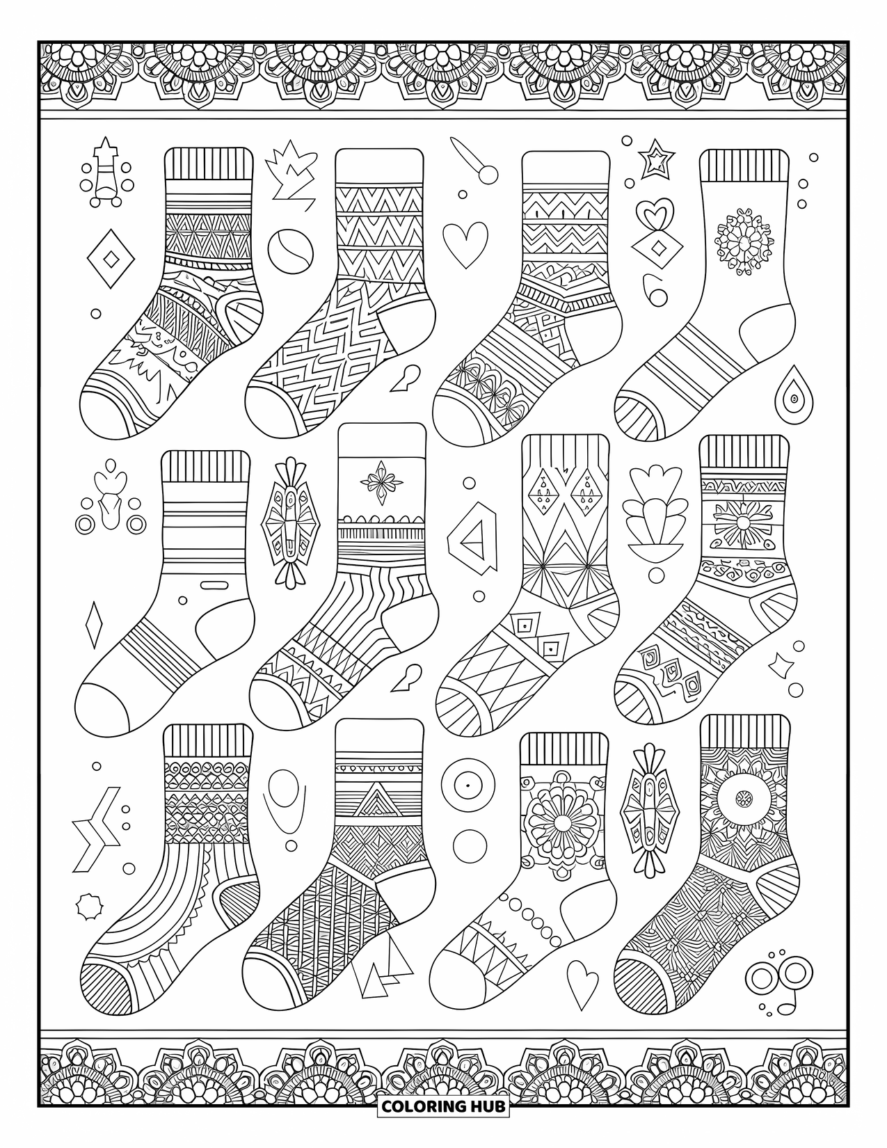 Sok Kleurplaat voor Volwassenen: Een verzameling sokken, elk met unieke patronen, vult de pagina met ingewikkelde ontwerpen