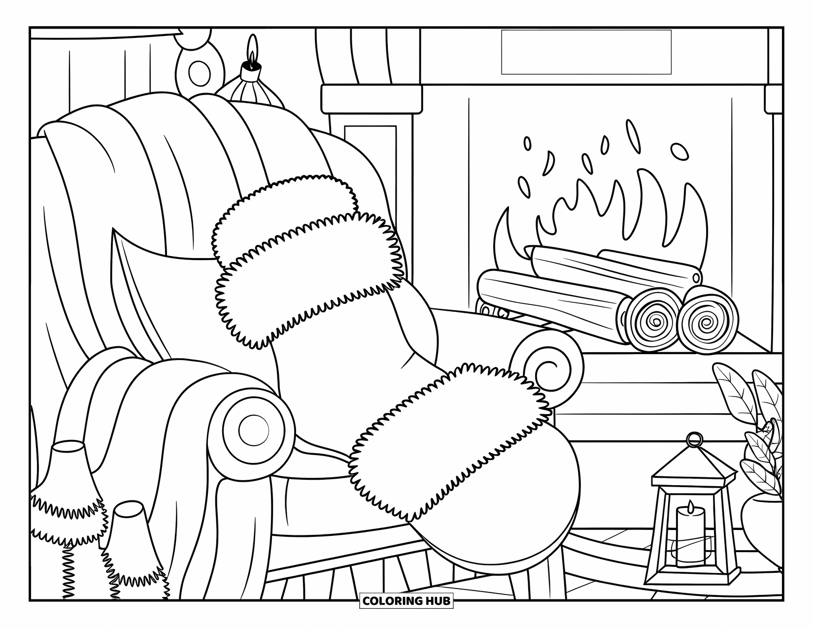Sok Kleurplaat voor Volwassenen: Een gezellige wintersok rust op een stoel bij een open haard met kaarsen en planten