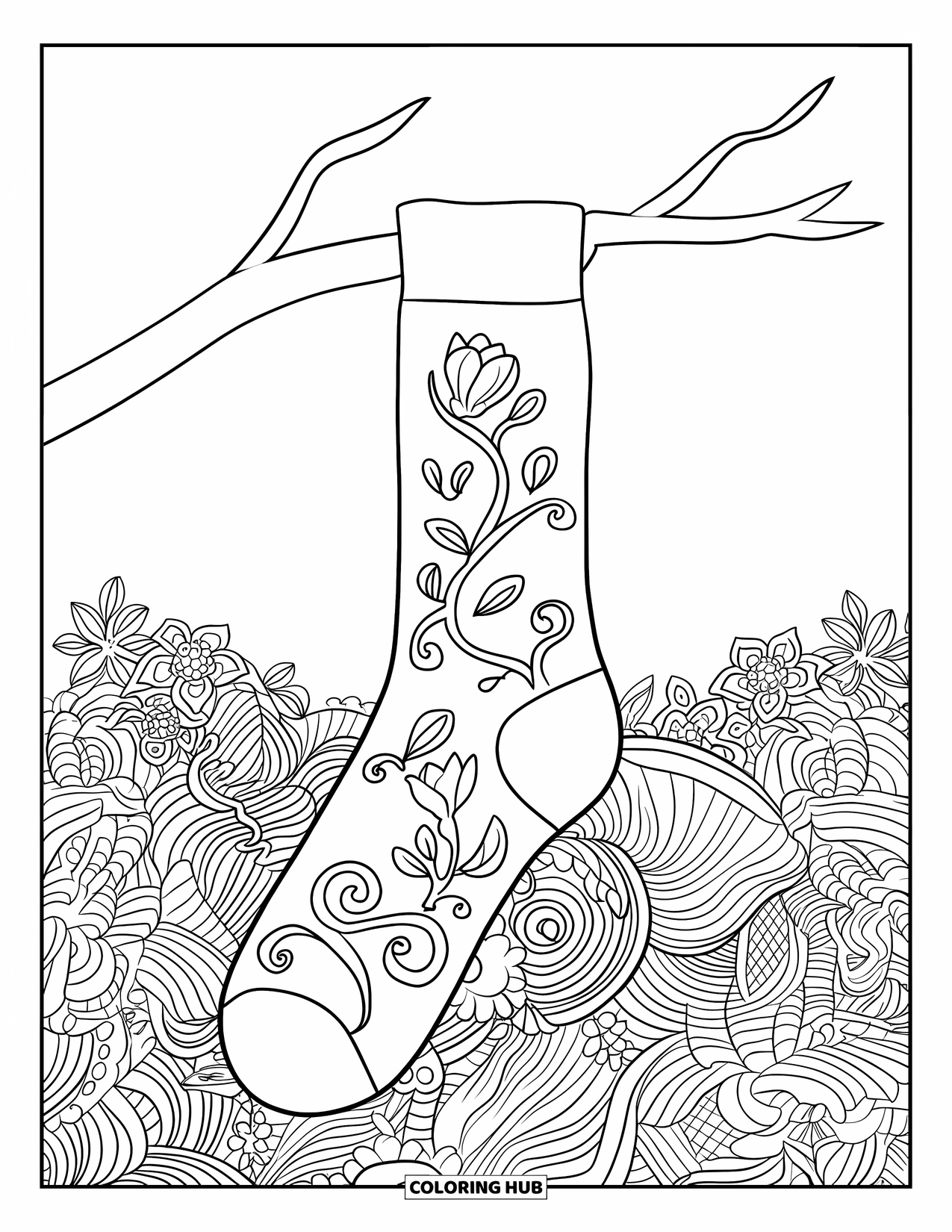 Sok Kleurplaat voor Volwassenen: Een sok met bloemenpatroon hangt aan een tak en steekt af tegen een lege achtergrond