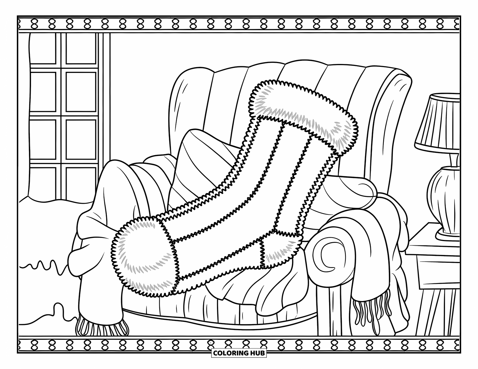 Sok Kleurplaat voor Volwassenen: Een pluizige wintersok rust op een stoel met zachte dekens en kussens
