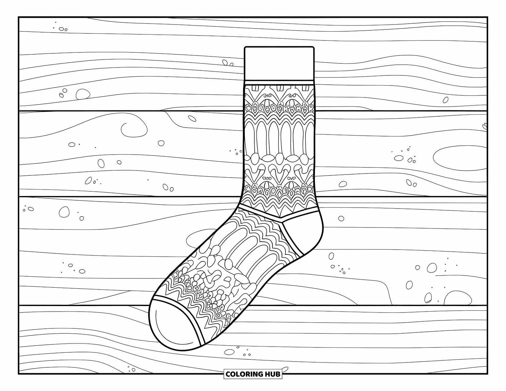 Sok Kleurplaat voor Volwassenen: Een opgevouwen sok met kantpatroon rust op een houten achtergrond met eenvoudige decoratieve elementen