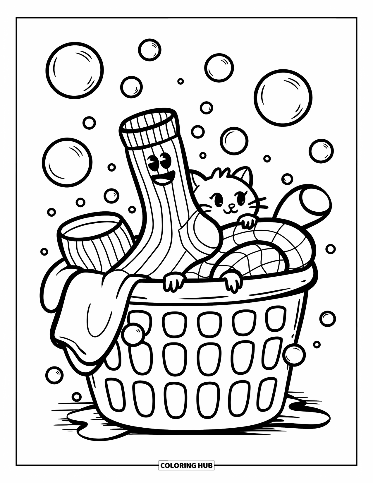 Sok Kleurplaat voor Volwassenen: Een wasmand met sokken en bubbels verbergt een glimlachende sokvriend en kitten