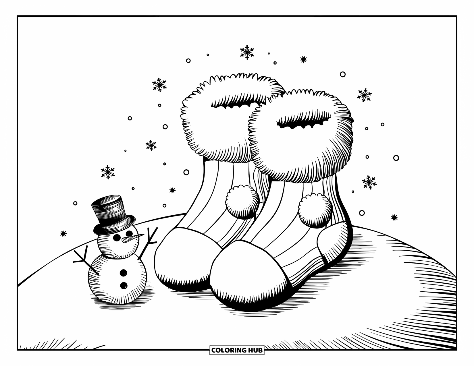 Sok Kleurplaat voor Volwassenen: Een paar pluizige sokken en een stoffen sneeuwpop zitten op een besneeuwde heuvel