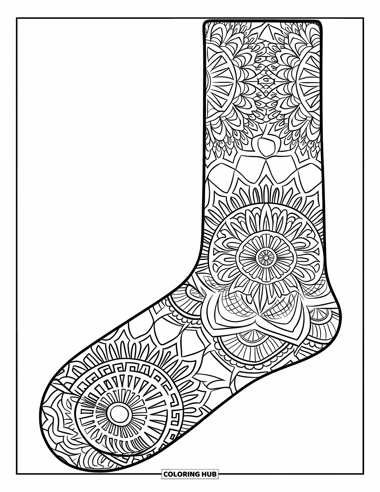 Sok Kleurplaat voor Volwassenen: Een enkele sok is bedekt met ingewikkelde mandalapatronen en biedt een ontspannende artistieke ervaring