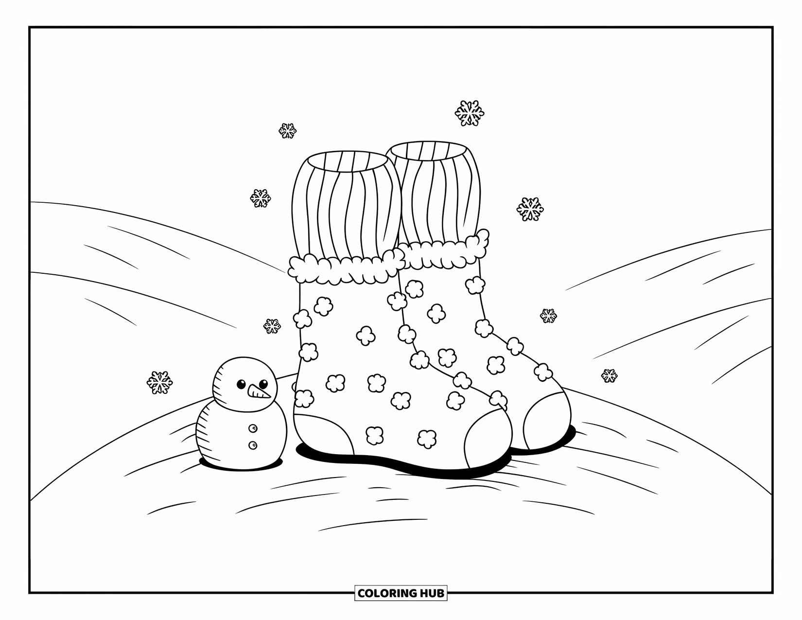 Sok Kleurplaat voor Volwassenen: Pluizige sokken met pompons en een kleine sneeuwpop sieren een besneeuwde heuvel