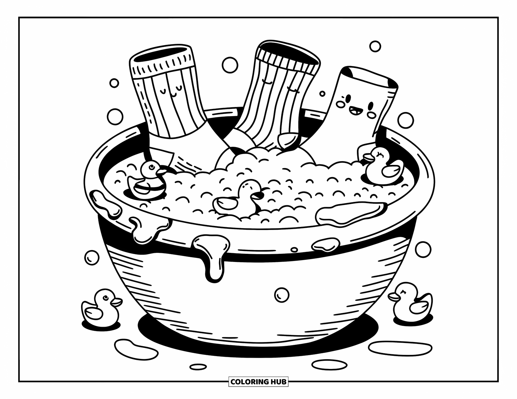 Sok Kleurplaat voor Volwassenen: Vier sokken genieten van een speelse spadag in een bubbelbad met eendjes