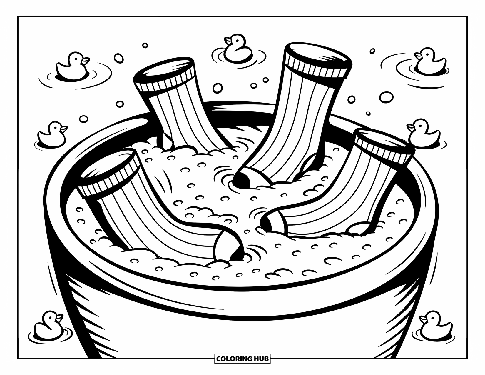 Sok Kleurplaat voor Volwassenen: Vier sokken ontspannen zich in een bubbelbad, vergezeld van kleine eendjes en zachte rimpelingen