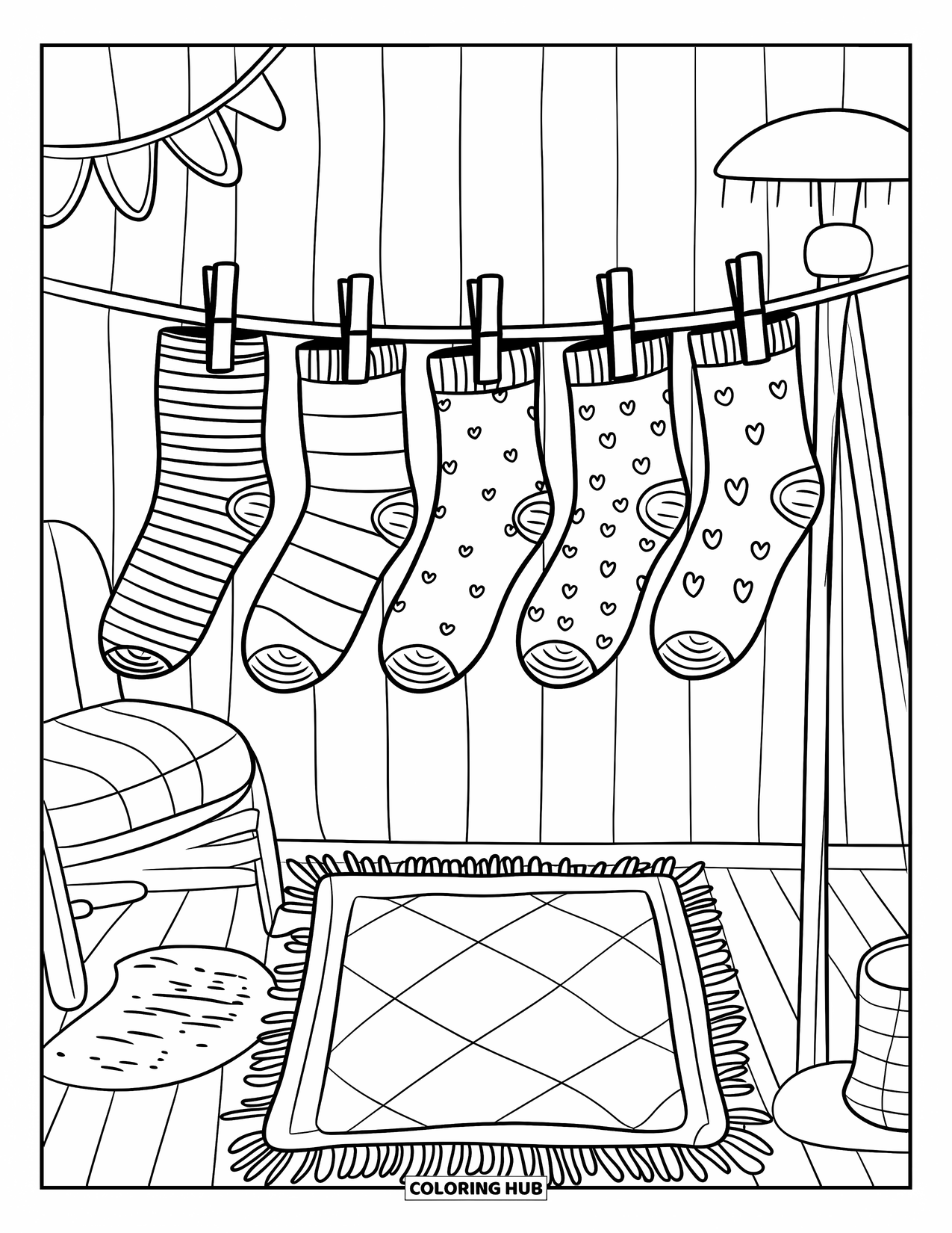Sok Kleurplaat voor Volwassenen: Sokken met patroon hangen aan een waslijn in een gezellige kamer met een houten paal