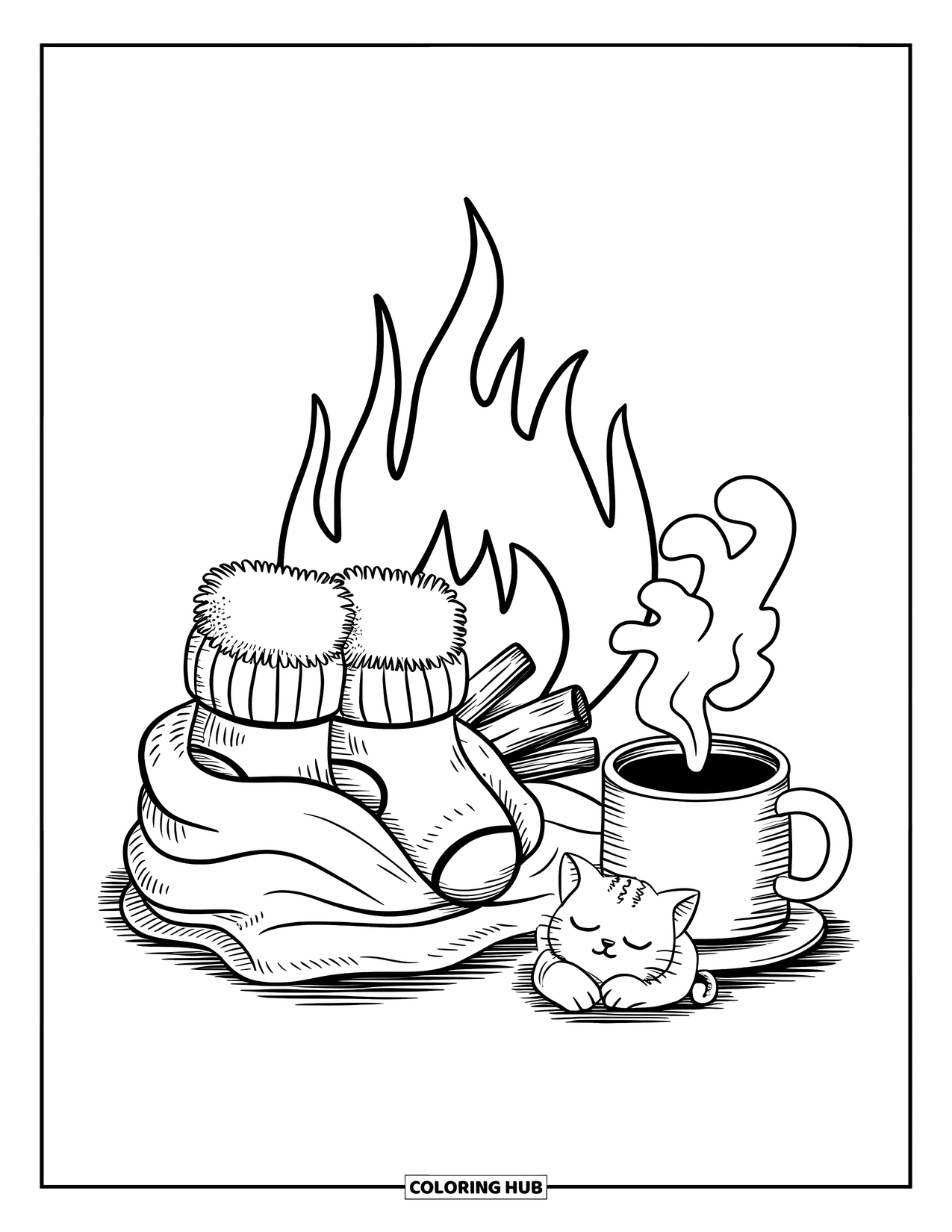 Sok Kleurplaat voor Volwassenen: Twee gezellige sokken in een deken rusten bij een open haard met cacao en een kitten