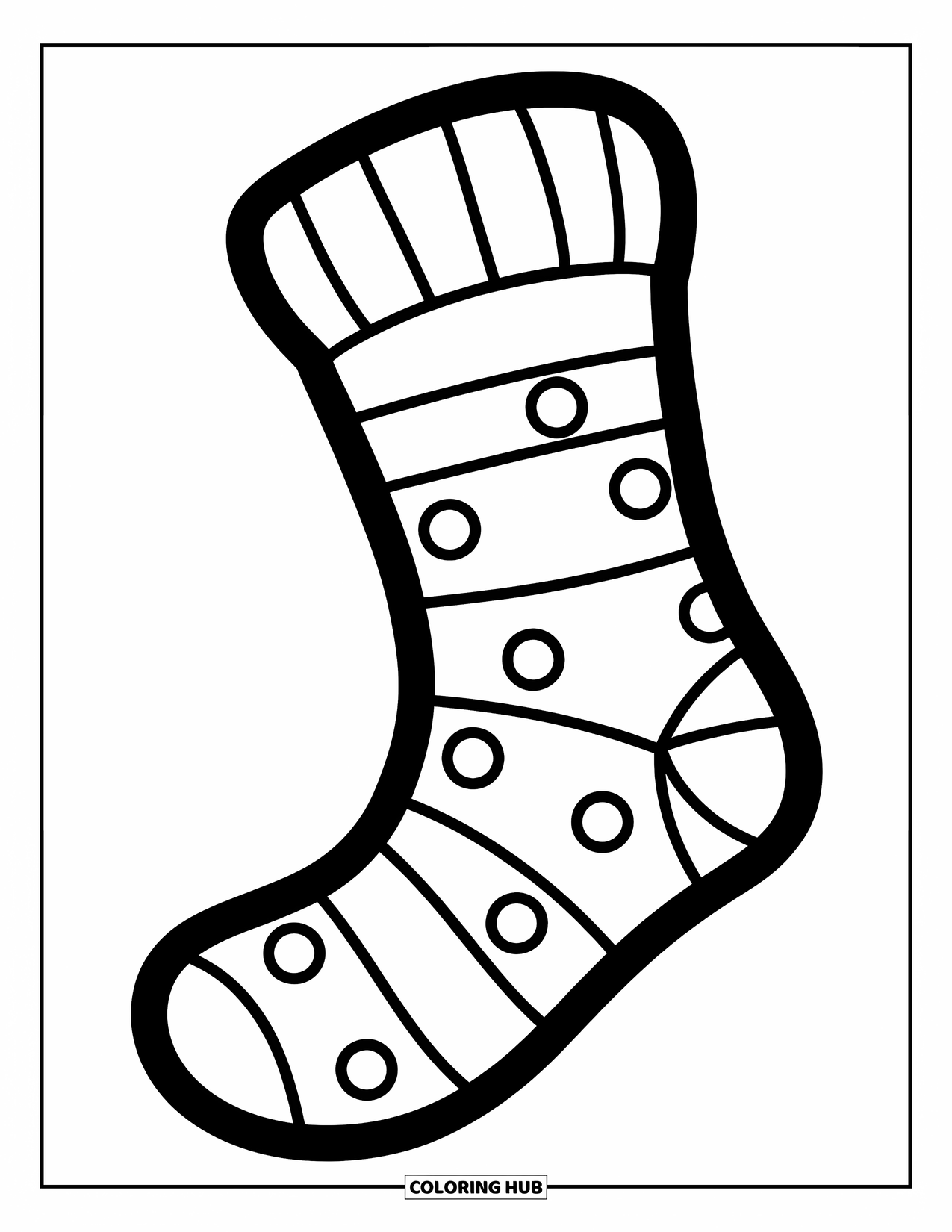 Sok Kleurplaat voor Kinderen: Een grote sok met strepen en stippen, getekend met dikke, duidelijke lijnen