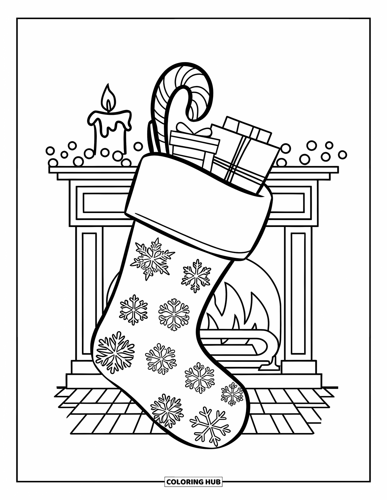 Sok Kleurplaat voor Kinderen: Een kerstkous met gedetailleerde sneeuwvlokken, gevuld met cadeaus en een zuurstok