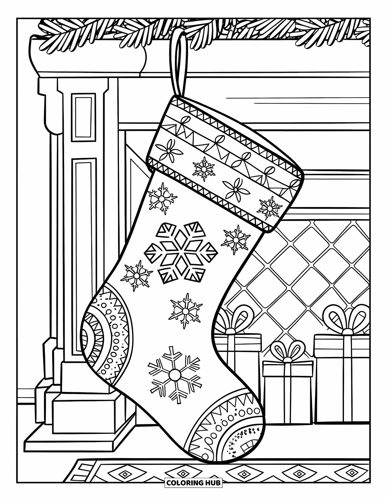 Sok Kleurplaat voor Kinderen: Een kerstkous met sneeuwvlokpatronen hangend aan een open haard, omringd door cadeaus