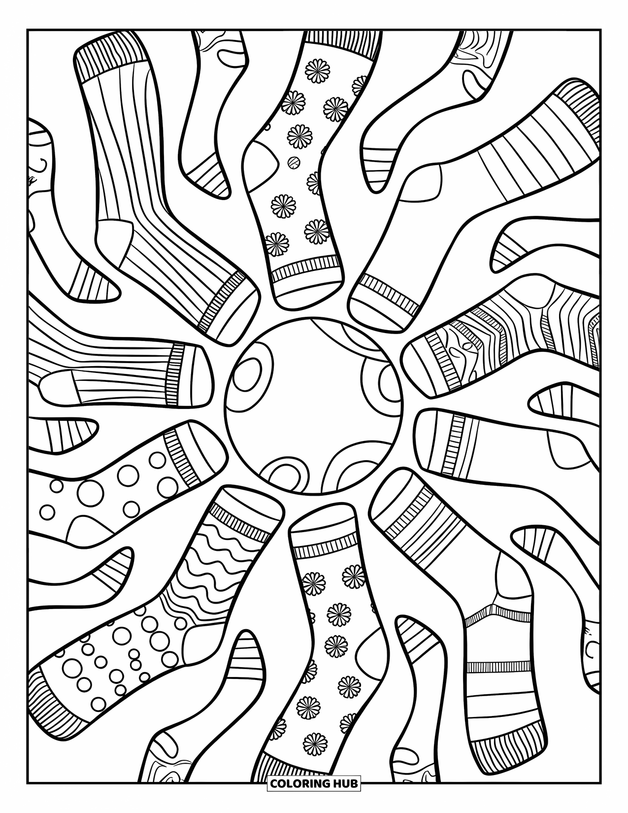 Sok Kleurplaat voor Kinderen: Een cirkelvormige opstelling van sokken, elk met unieke patronen zoals hartjes, strepen en sterren