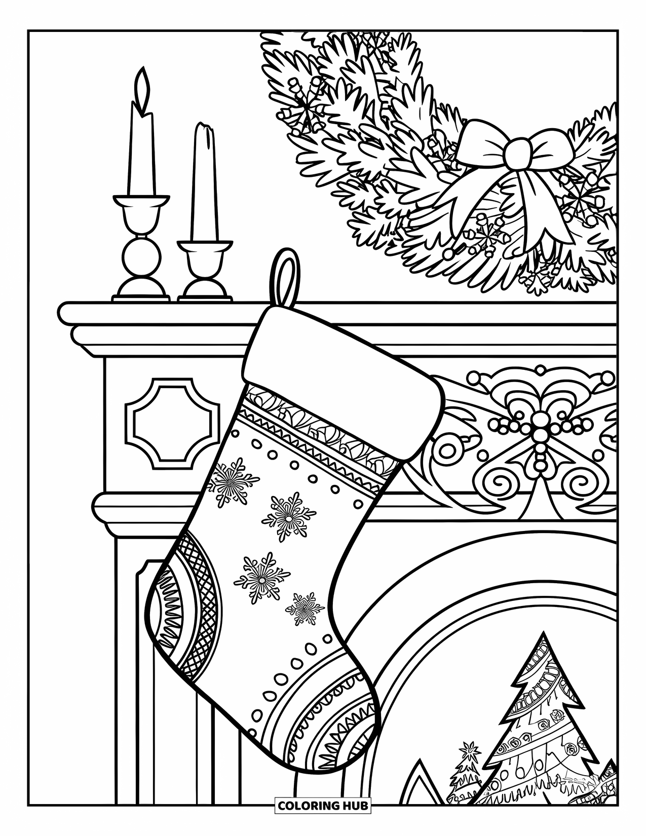 Sok Kleurplaat voor Kinderen: Een feestelijke kous met ingewikkelde sneeuwvlokken, hangend aan een open haard versierd voor de feestdagen
