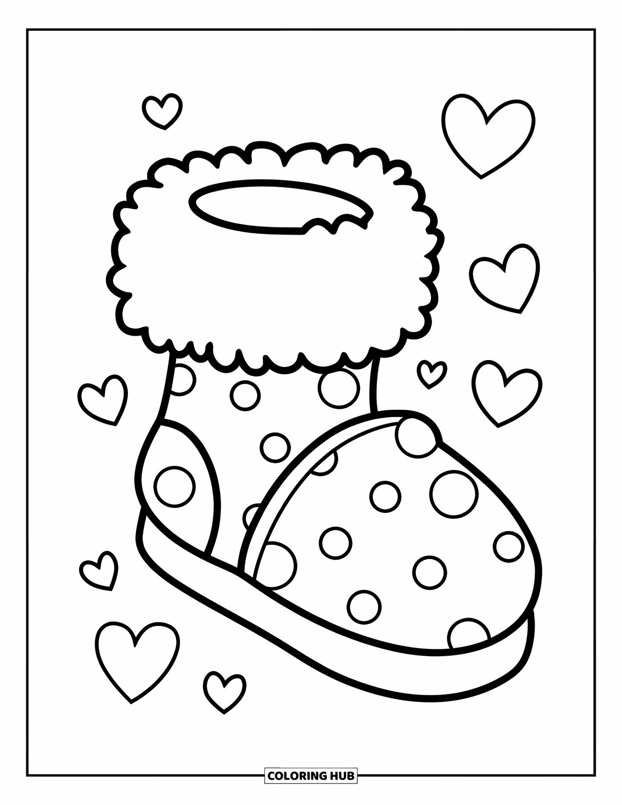 Sok Kleurplaat voor Kinderen: Een pluizige pantoffelsok met grote stippen en kleine hartjes rond de randen