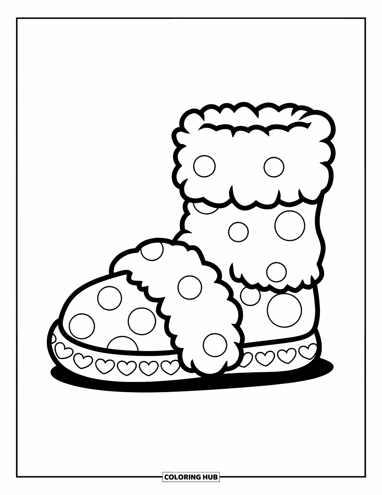 Sok Kleurplaat voor Kinderen: Een pluizige pantoffelsok met grote stippen en kleine hartjes langs de randen