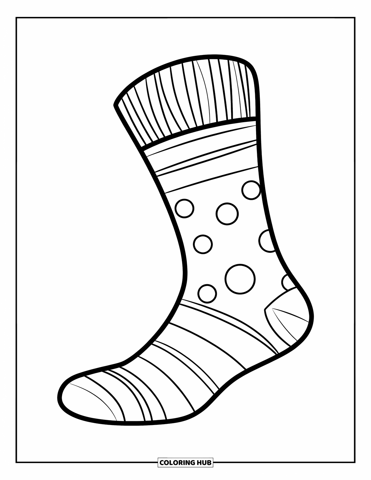 Sok Kleurplaat voor Kinderen: Een leuke sok met patroon, met dikke strepen en stippen, rechtopstaand