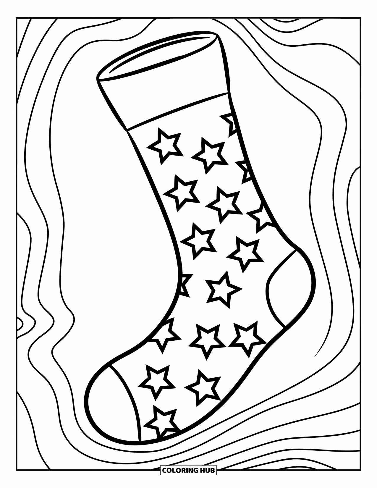 Sok Kleurplaat voor Kinderen: Een grote sok met een sterpatroon, zwevend alleen met strakke, heldere lijnen