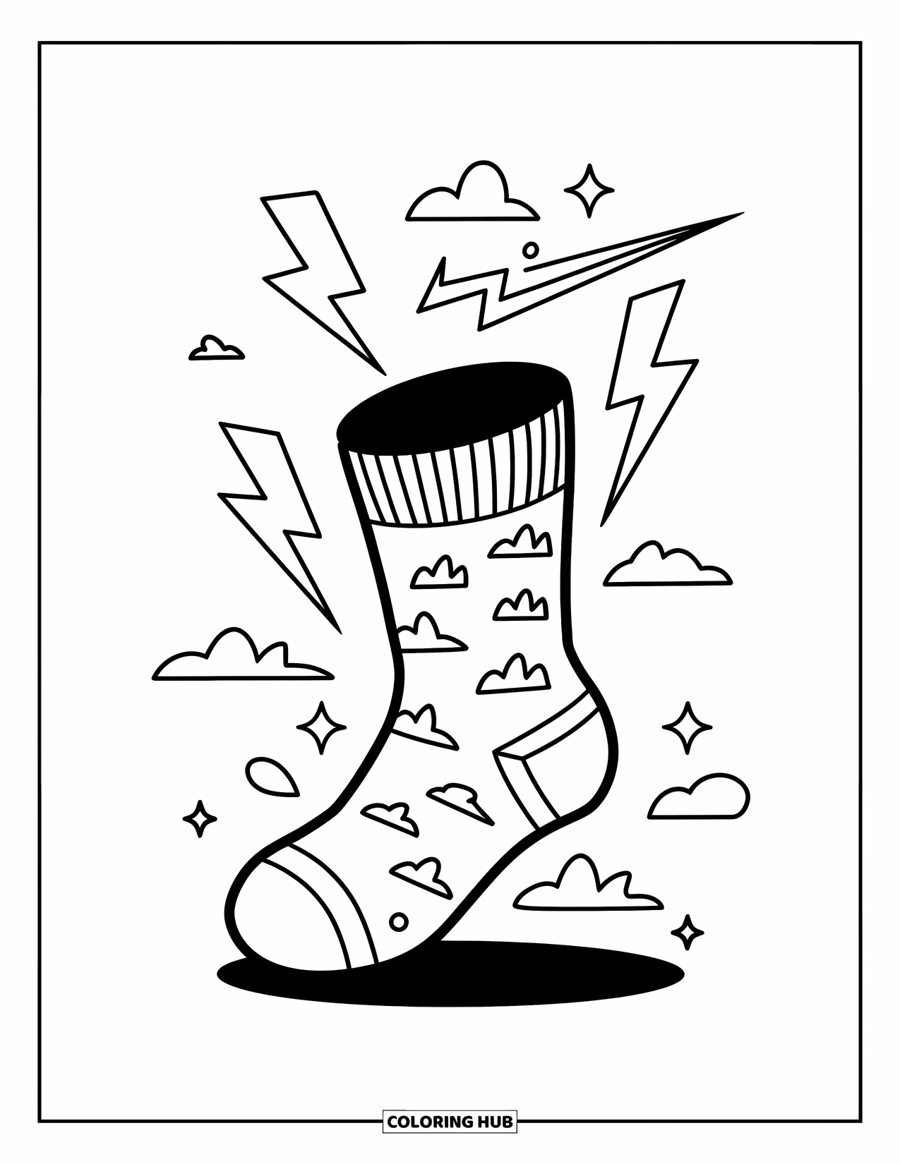 Sok Kleurplaat voor Kinderen: Een magische sok versierd met bliksemschichten, kleine wolken en een vallende ster