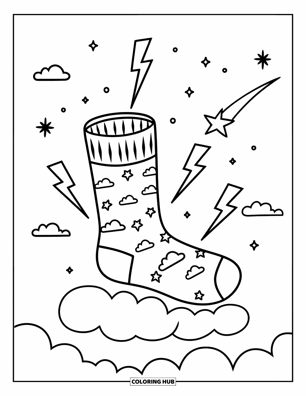 Sok Kleurplaat voor Kinderen: Een magische sok rustend op een wolk, omringd door sterren in de lucht
