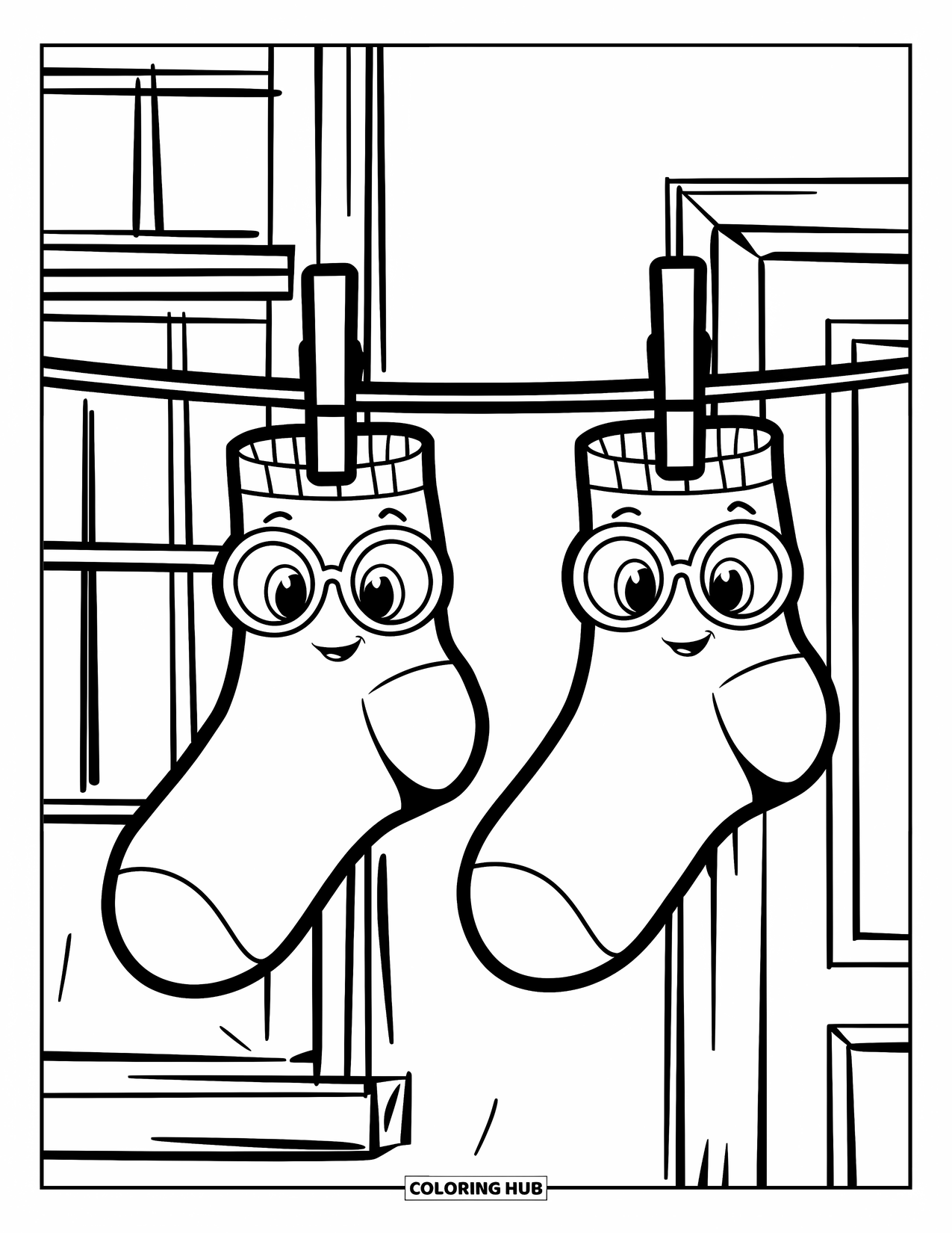 Sok Kleurplaat voor Kinderen: Een paar enkelsokken met schattige gezichten en brillen, hangend bij een raam