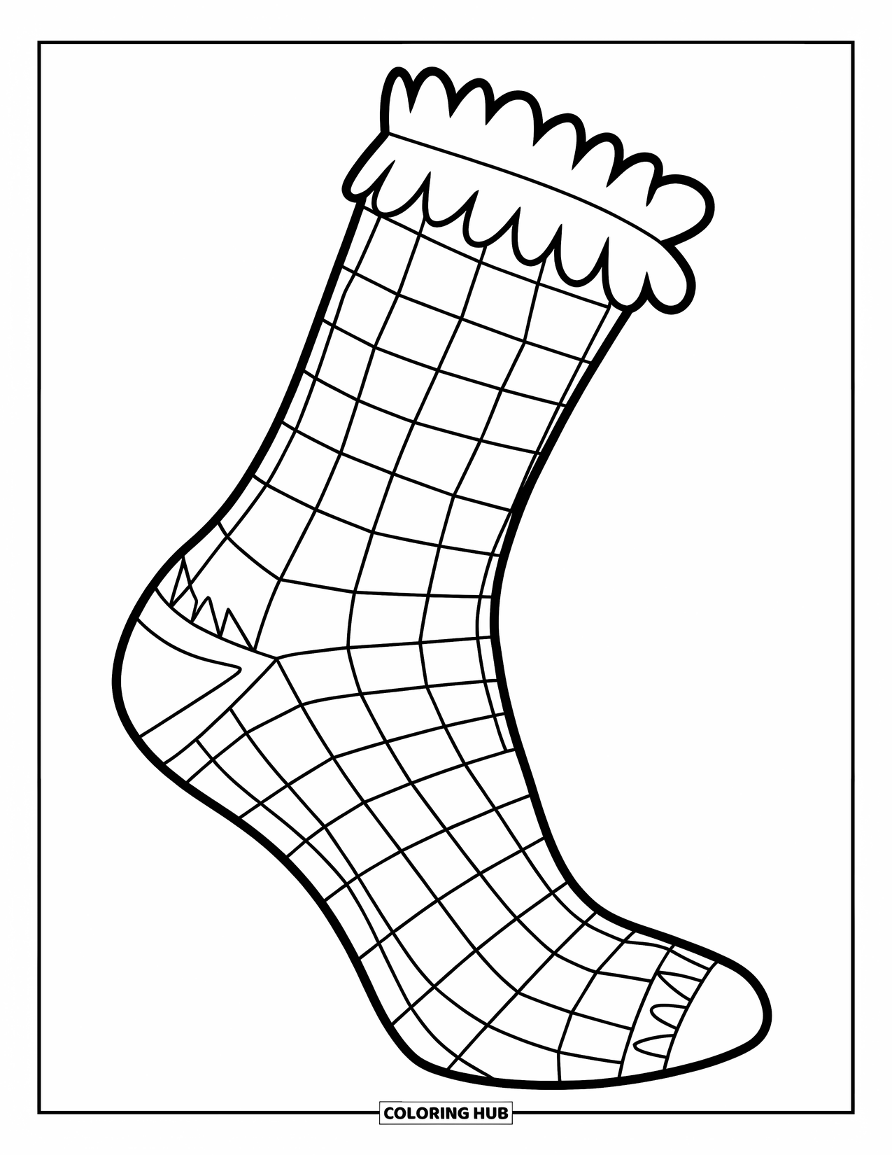 Sok Kleurplaat voor Kinderen: Een enkele sok met een trendy dambordpatroon en speelse randen zit op een witte achtergrond