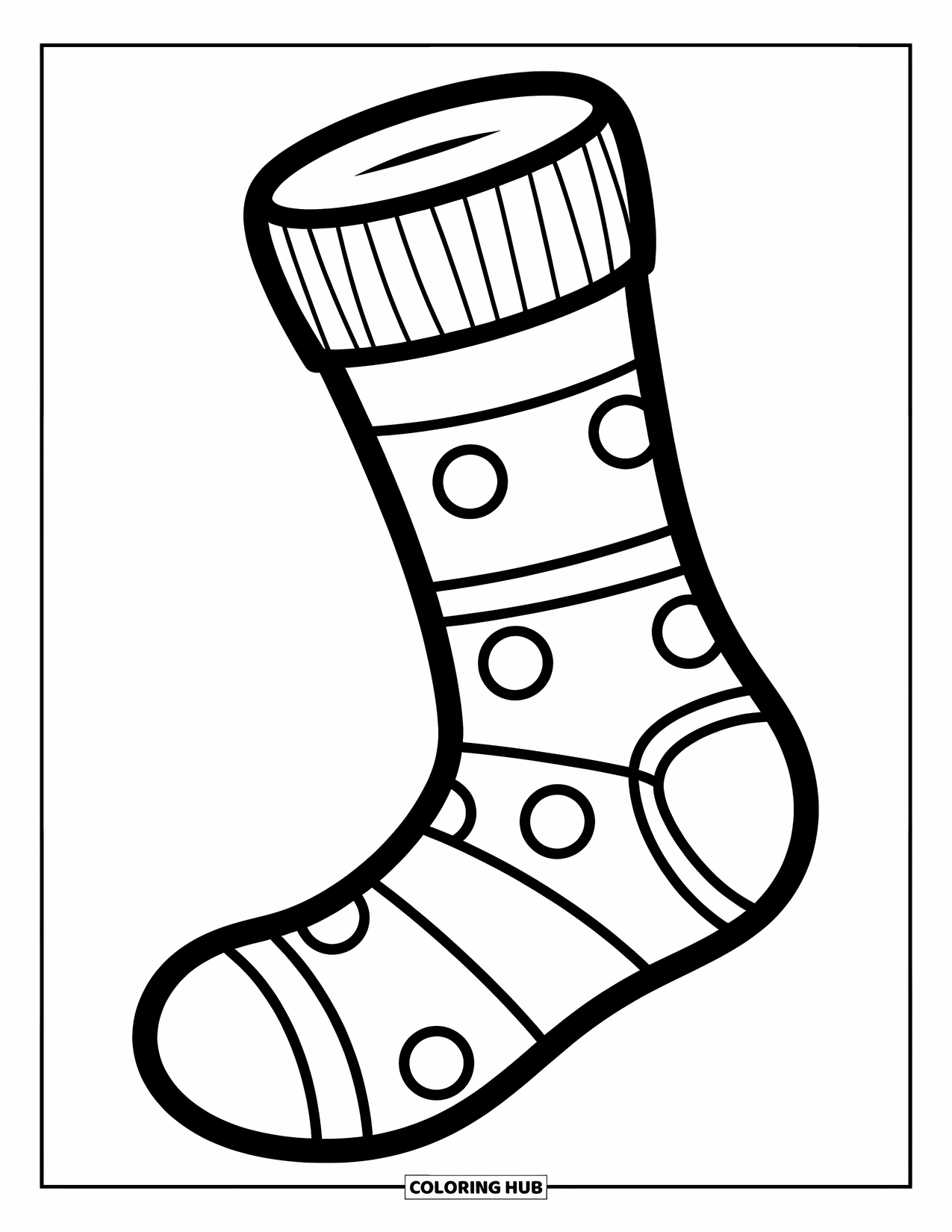 Sok Kleurplaat voor Kinderen: Een enkele sok met stippen en strepen, omlijnd in een vrolijk, vet ontwerp