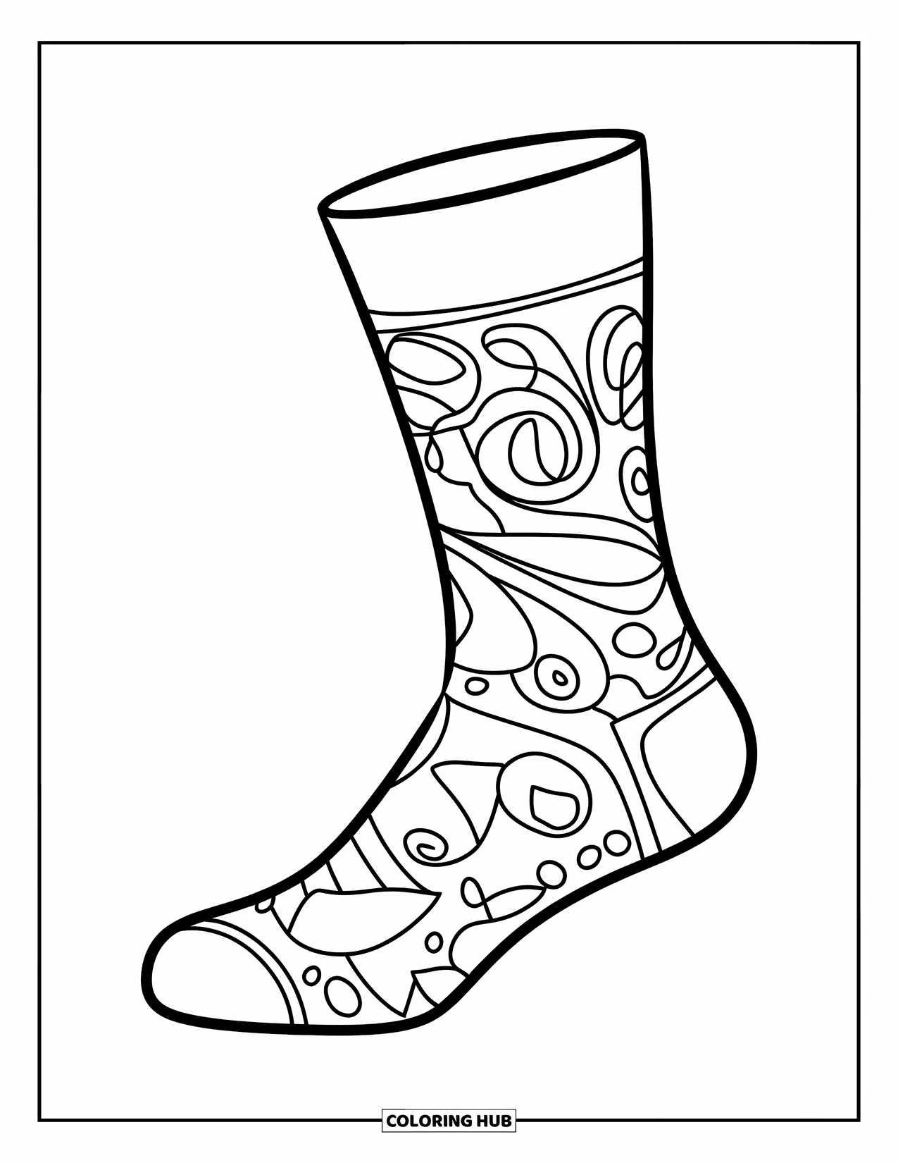 Sok Kleurplaat voor Kinderen: Een sok bedekt met artistieke krabbels, wervelingen en speelse ontwerpen creëert een boeiende kleurplaat