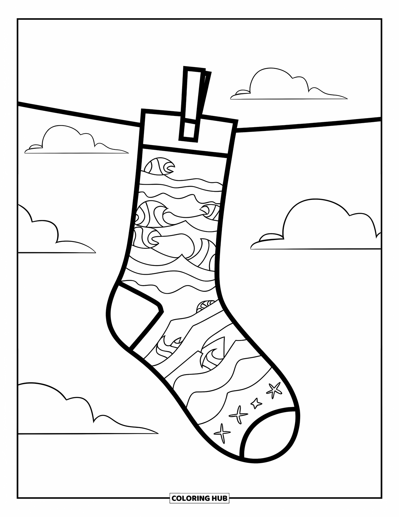 Sok Kleurplaat voor Kinderen: Een sok versierd met golven en zeedieren wappert aan een waslijn onder een heldere hemel