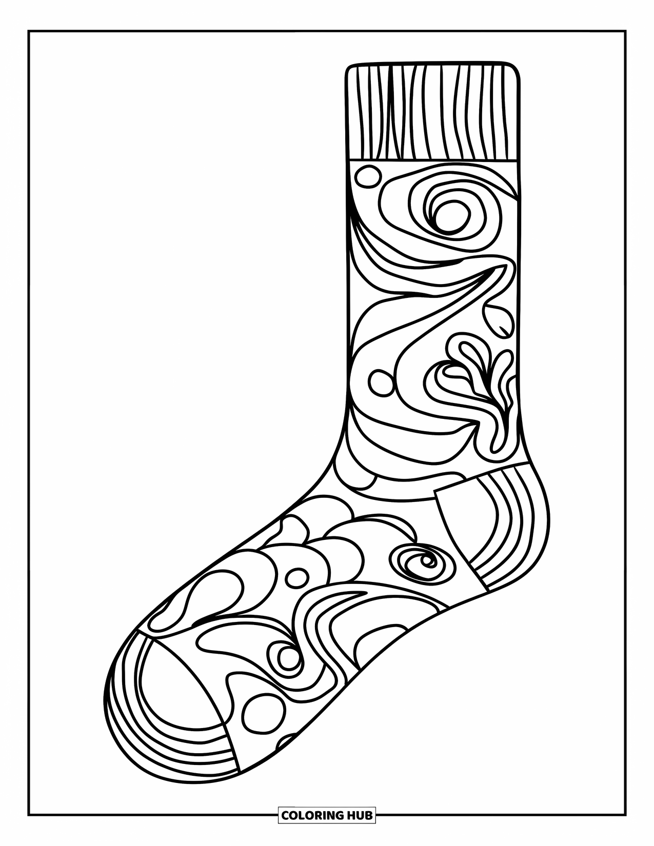 Sok Kleurplaat voor Kinderen: Een sok met een dynamische mix van wervelingen en abstracte vormen is geweldig om gedetailleerd in te kleuren