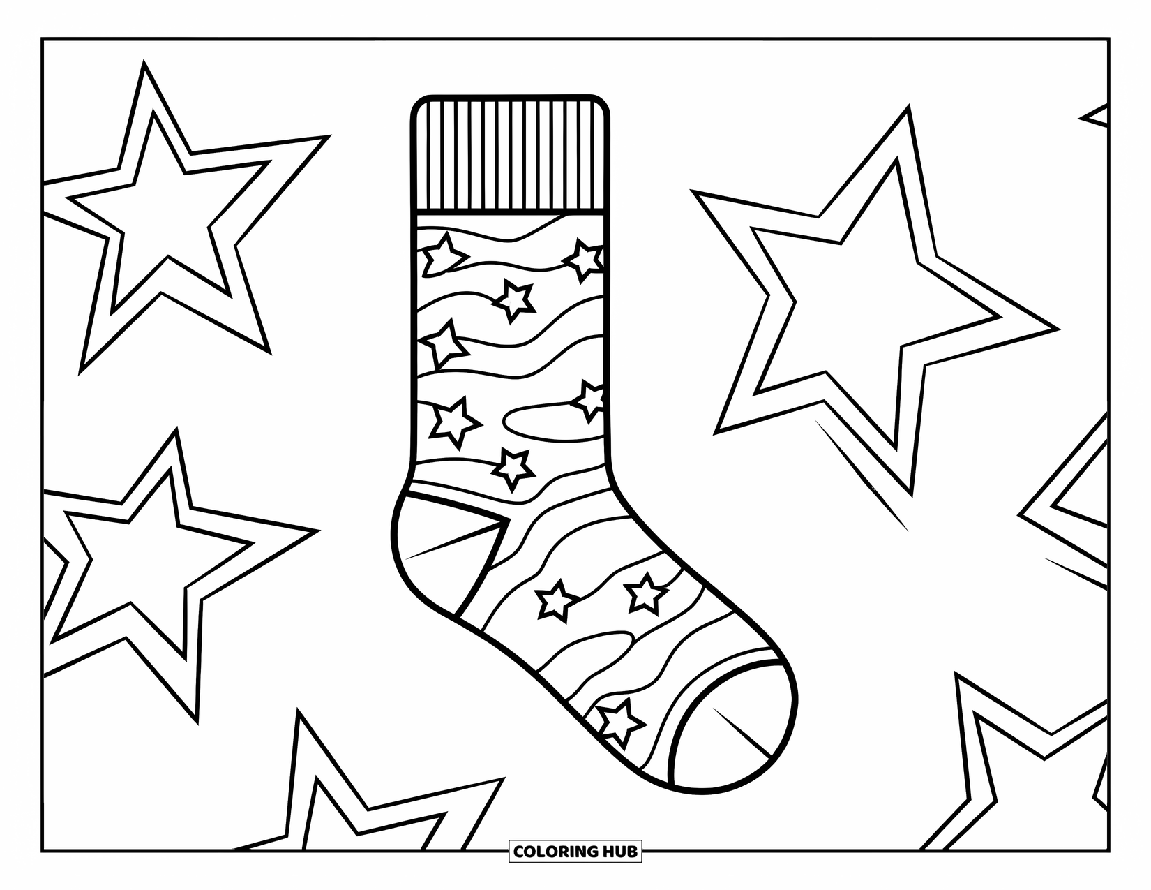 Sok Kleurplaat voor Kinderen: Een sok met een golvend ontwerp en grote, opvallende sterren in een speelse opstelling