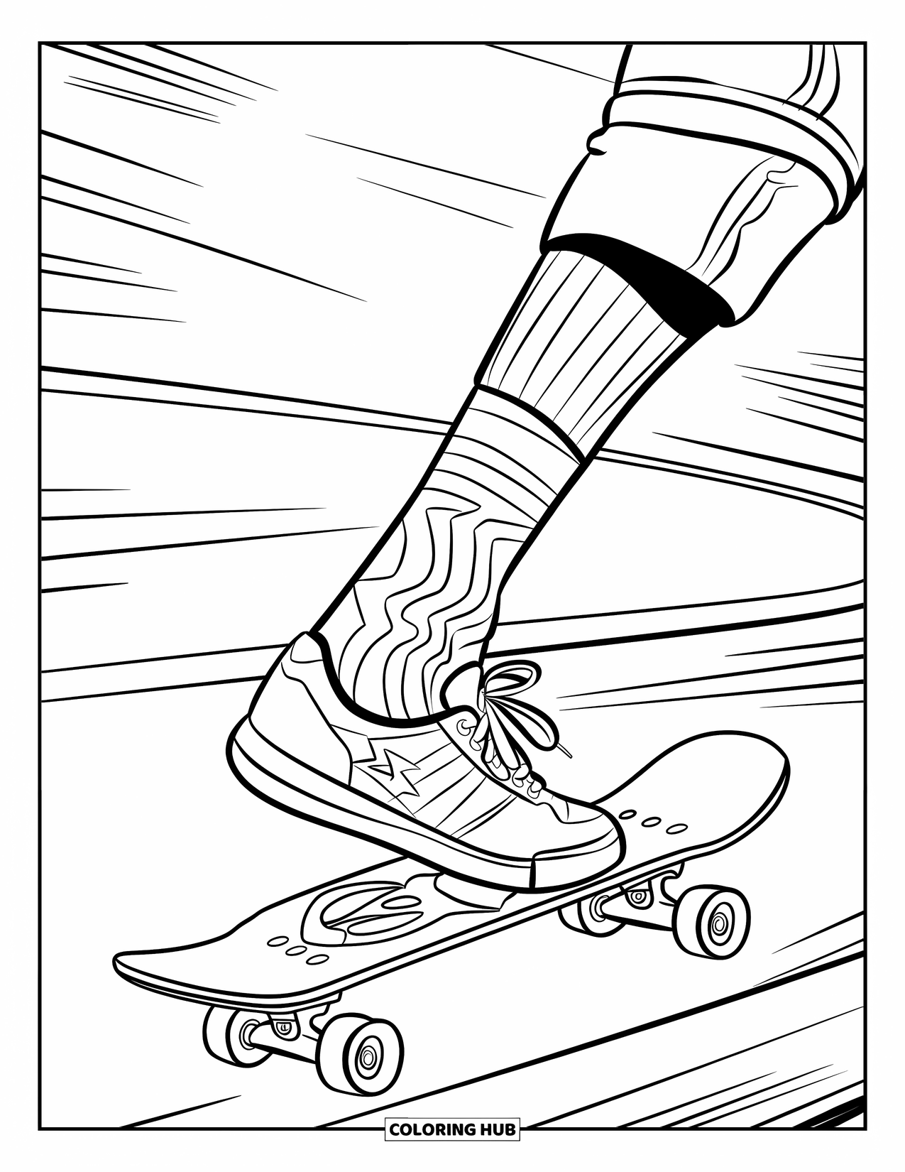 Sok Kleurplaat voor Kinderen: Een sok op een skateboard, midden in de beweging, met de hiel opgetild en een vet logo op het board