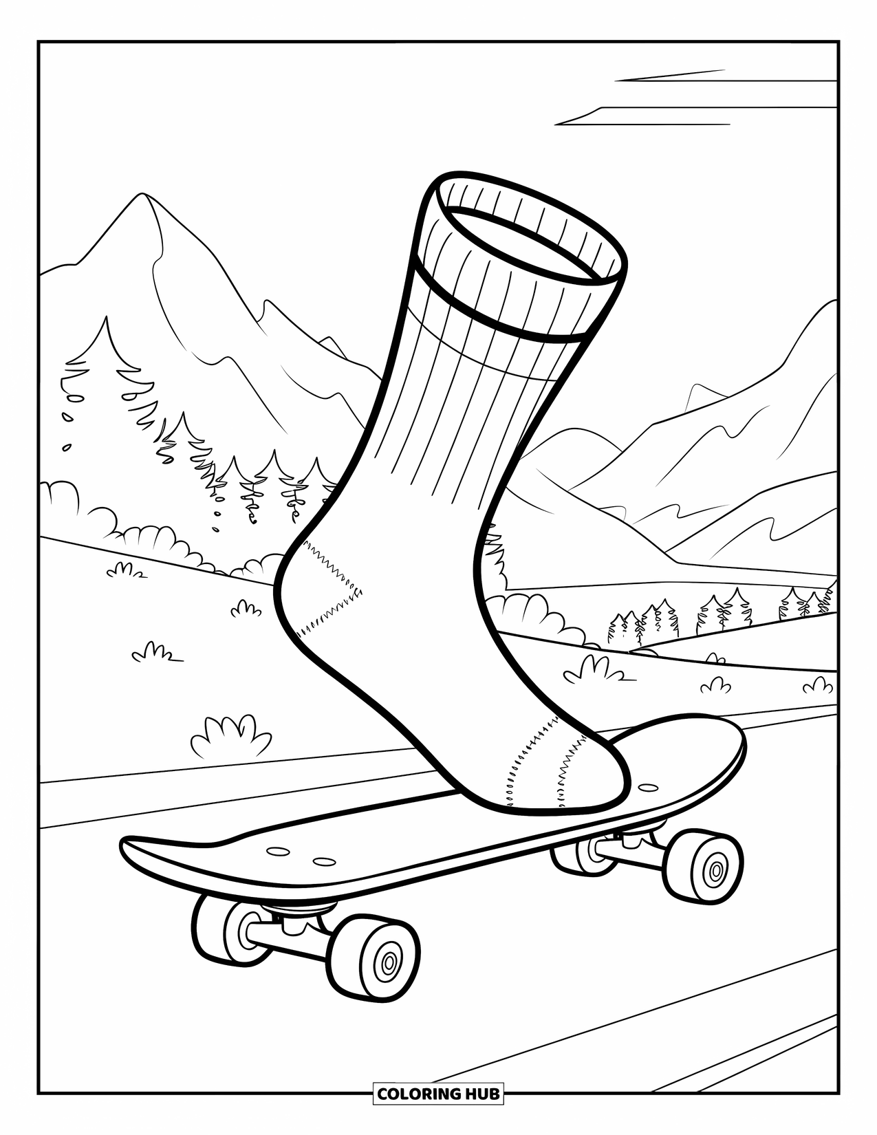 Sok Kleurplaat voor Kinderen: Een sok rijdt op een skateboard op een gebogen pad met bomen, bergen en een heldere hemel
