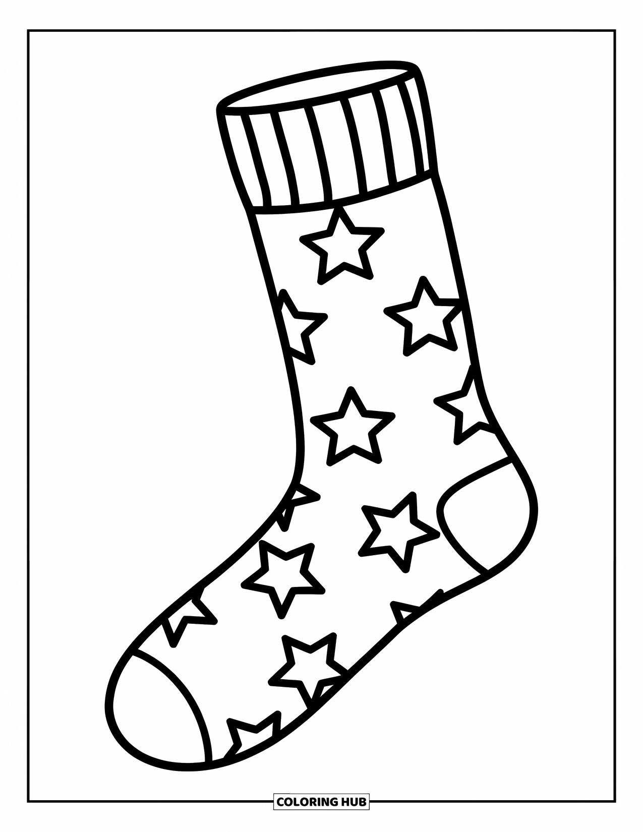 Sok Kleurplaat voor Kinderen: Een sok met een sterpatroon, zwevend in een lege ruimte met dikke, strakke lijnen