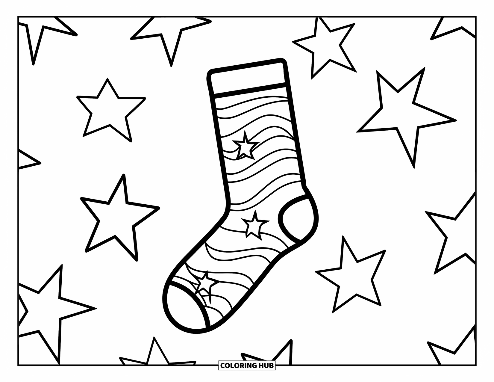 Sok Kleurplaat voor Kinderen: Een sok met een golvend patroon en opvallende sterren verspreid over het oppervlak