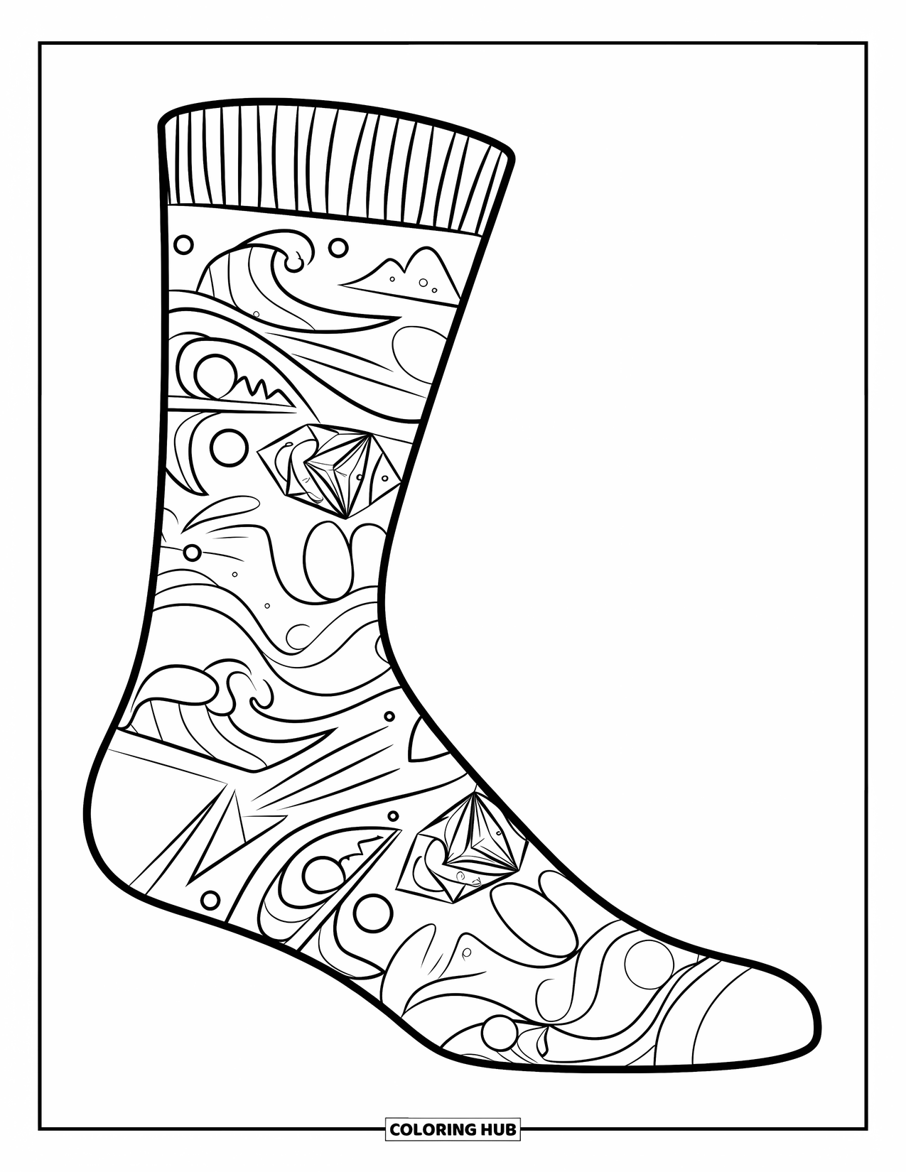 Sok Kleurplaat voor Kinderen: Een sok met op de oceaan geïnspireerde golven en zee-elementen zorgt voor een rustgevende kleurplaat