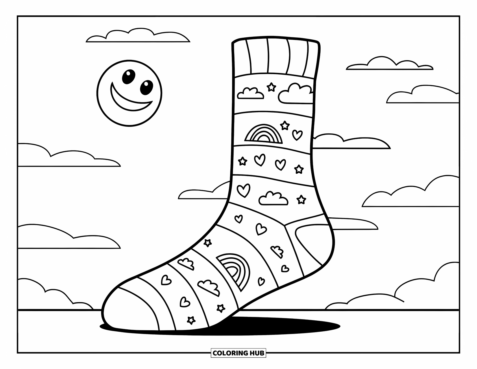 Sok Kleurplaat voor Kinderen: Een sok met regenboogstrepen en kleine details zoals hartjes en sterren ligt op de grond