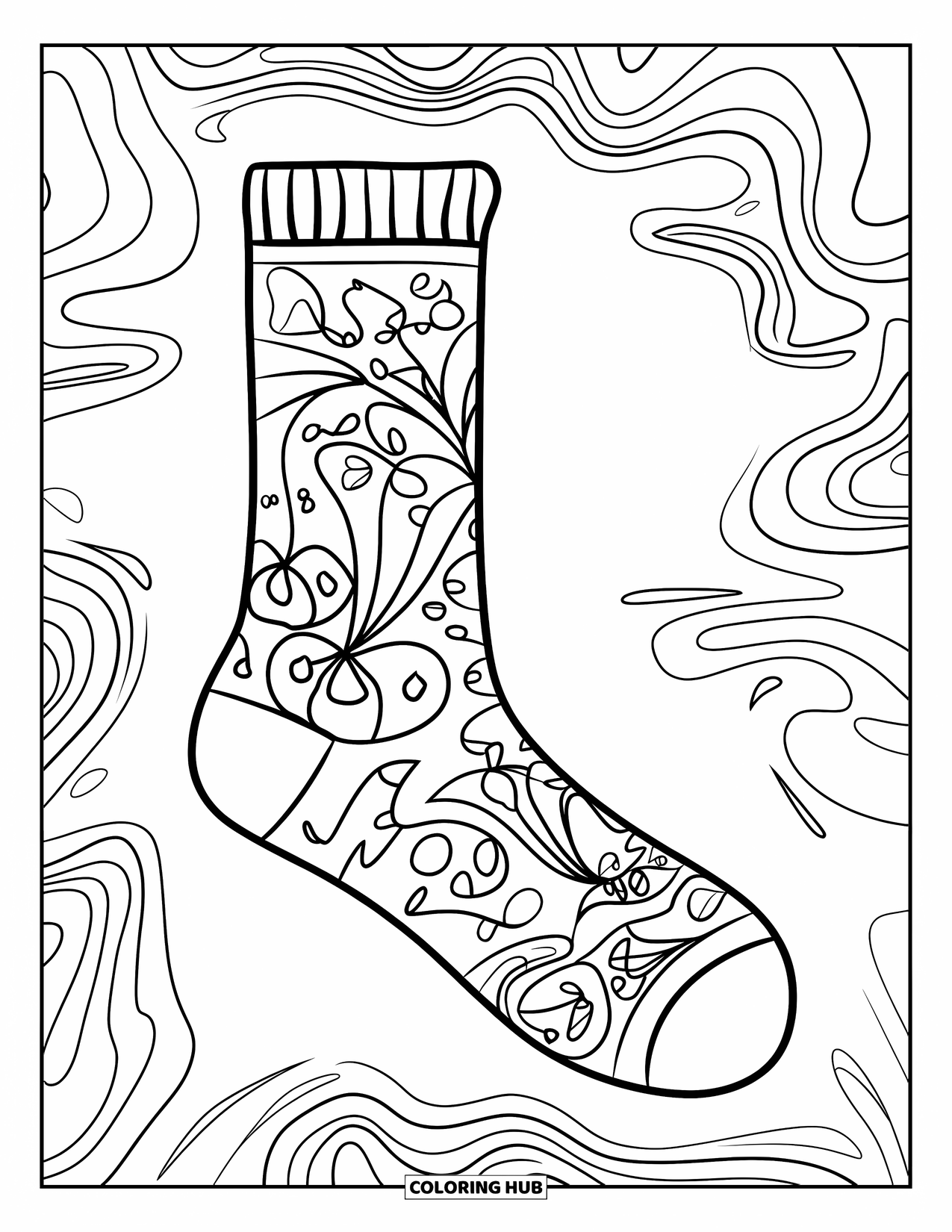 Sok Kleurplaat voor Kinderen: Een sok met wervelende artistieke krabbels en abstracte ontwerpen is perfect om creatief in te kleuren