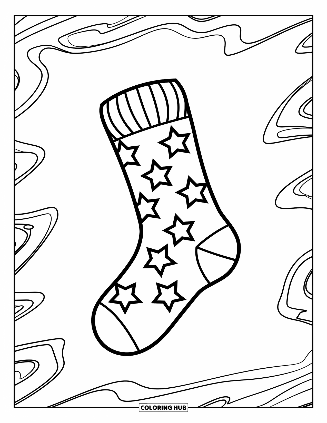 Sok Kleurplaat voor Kinderen: Een sok met sterpatroon zwevend tegen een lege achtergrond, ontworpen om gemakkelijk in te kleuren