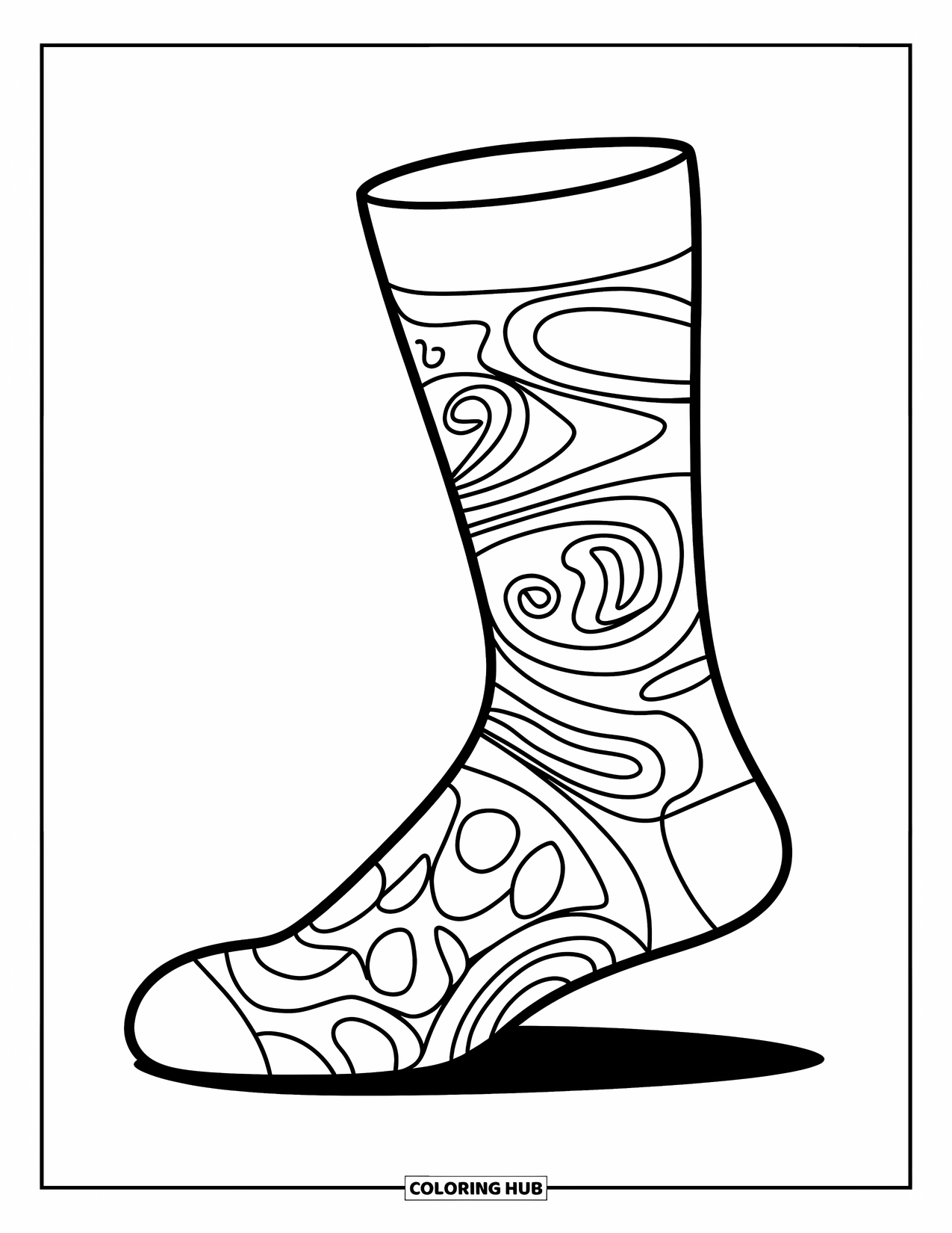 Sok Kleurplaat voor Kinderen: Een stijlvolle sok gevuld met wervelingen en abstracte patronen maakt een moderne, expressieve kleurplaat