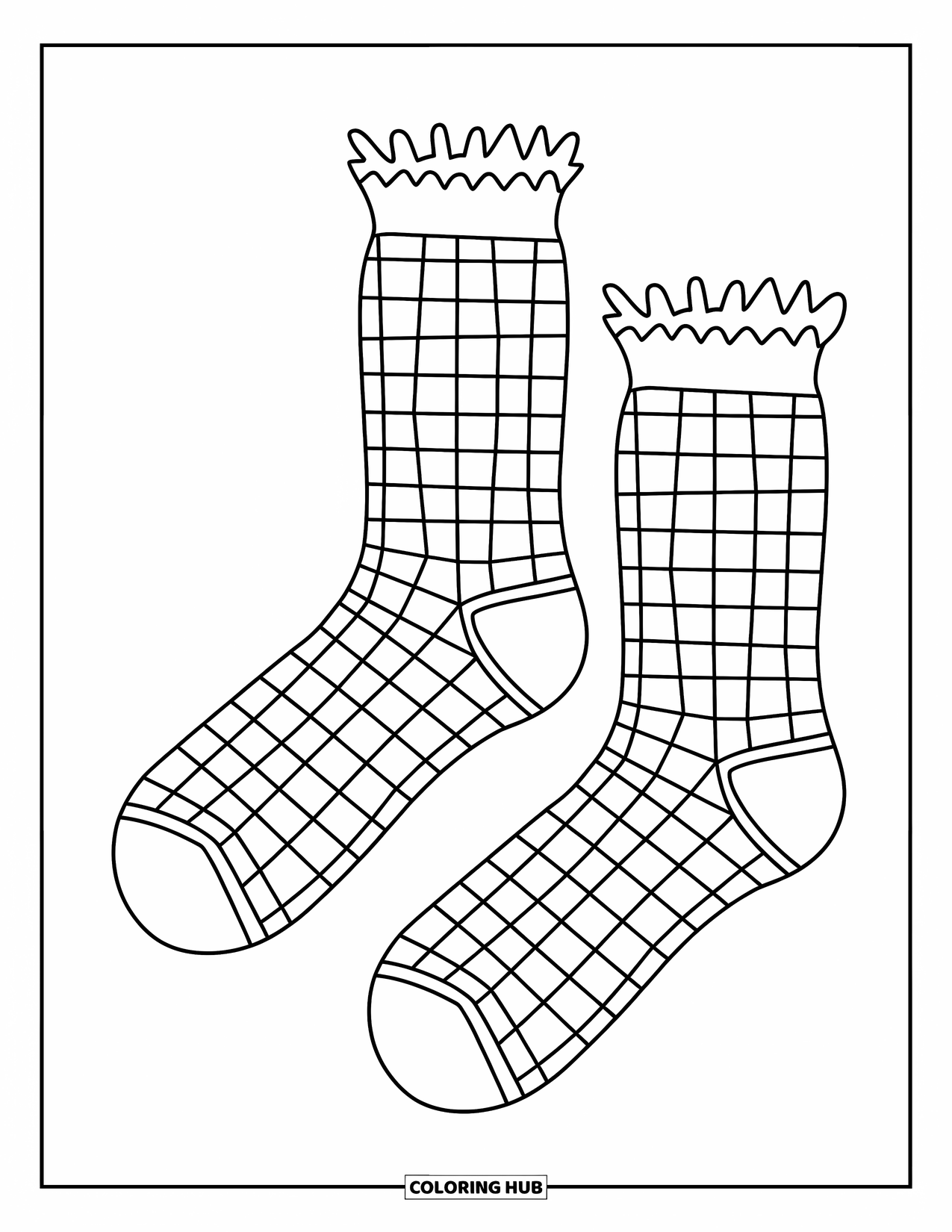 Sok Kleurplaat voor Kinderen: Een trendy paar dambordsokken met leuke randen, perfect voor moderne kleurstijlen