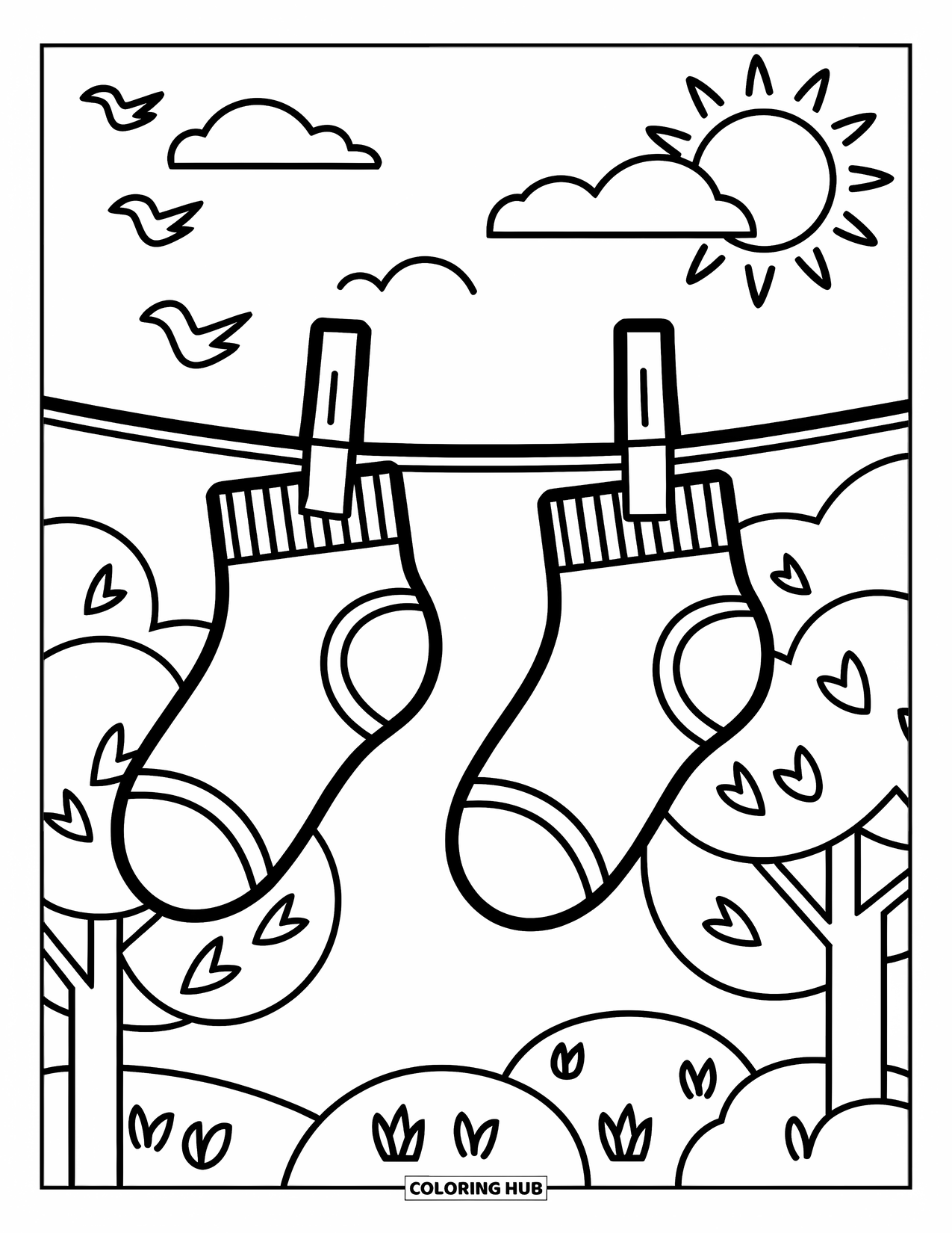 Sok Kleurplaat voor Kinderen: Twee enkelsokken ontworpen als bekende personages, hangend aan een waslijn tussen bomen