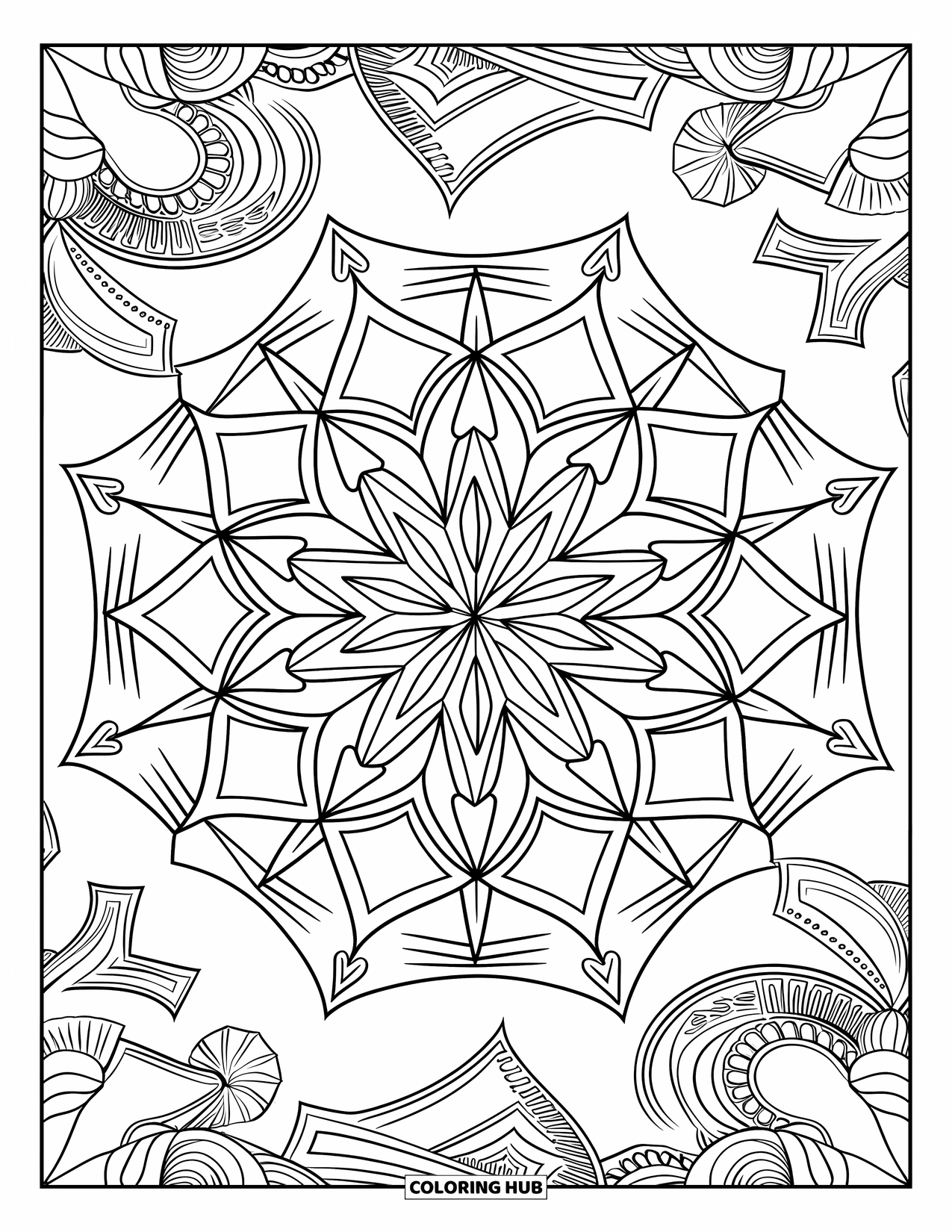 Desen de colorat cu stele pentru adulți: O mandala cerească cu forme de stele interconectate, modele geometrice și modele vârtejuri