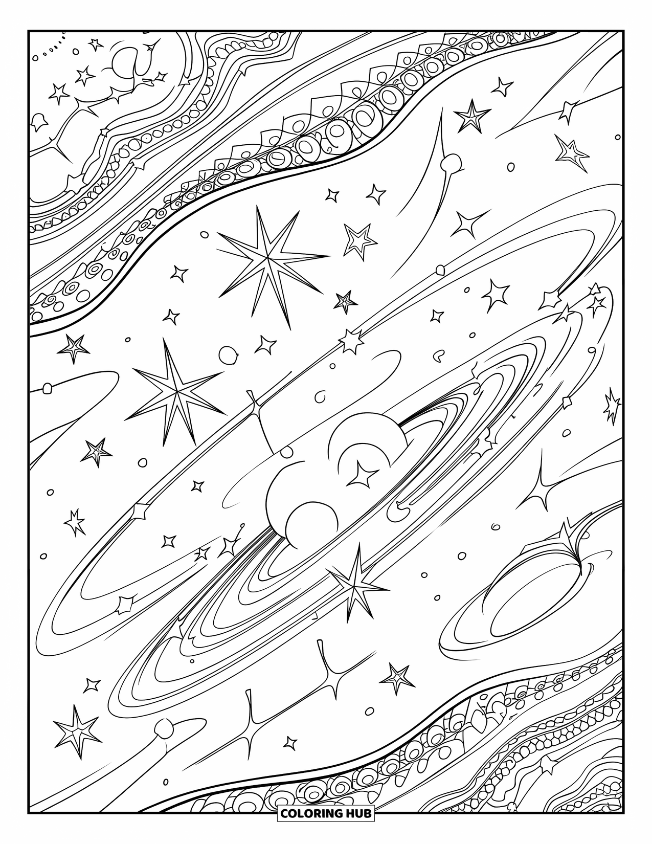 Desen de colorat cu stele pentru adulți: O întindere cosmică umplută cu dâre cerești vârtejuri și grupuri de stele complicate