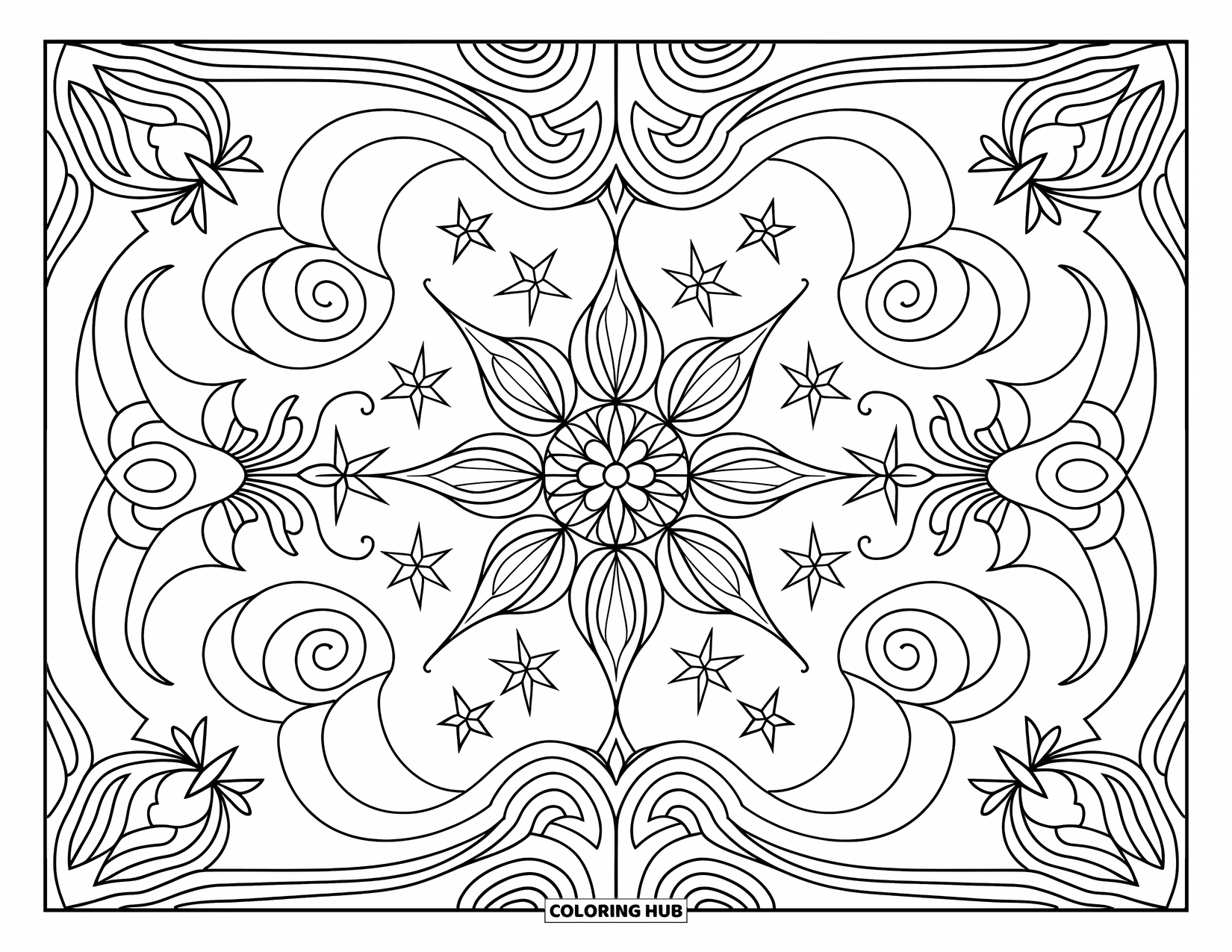 Desen de colorat cu stele pentru adulți: O mandala de inspirație cosmică cu stele, luni și modele florale cu elemente decorative