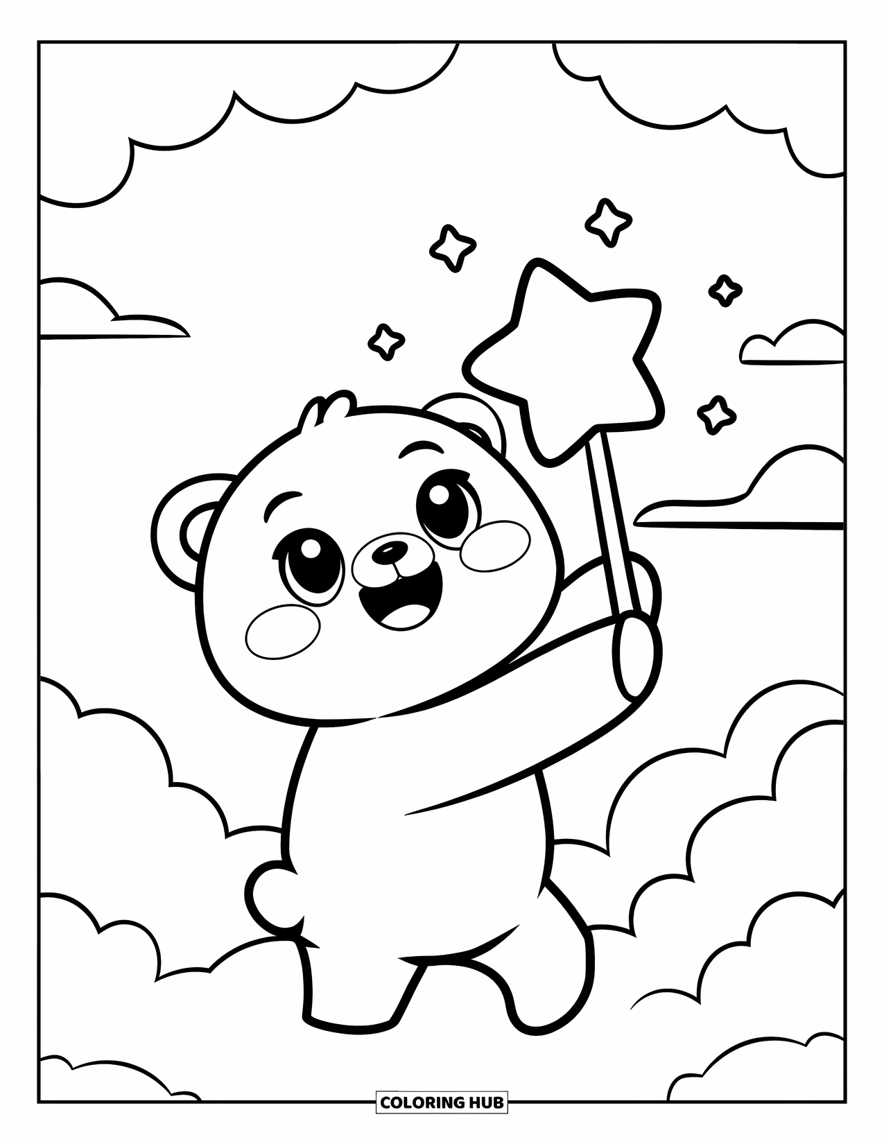 Desen de colorat cu stele pentru adulți: Un ursuleț drăguț flutură o baghetă stelară strălucitoare în timp ce stă pe un nor pufos