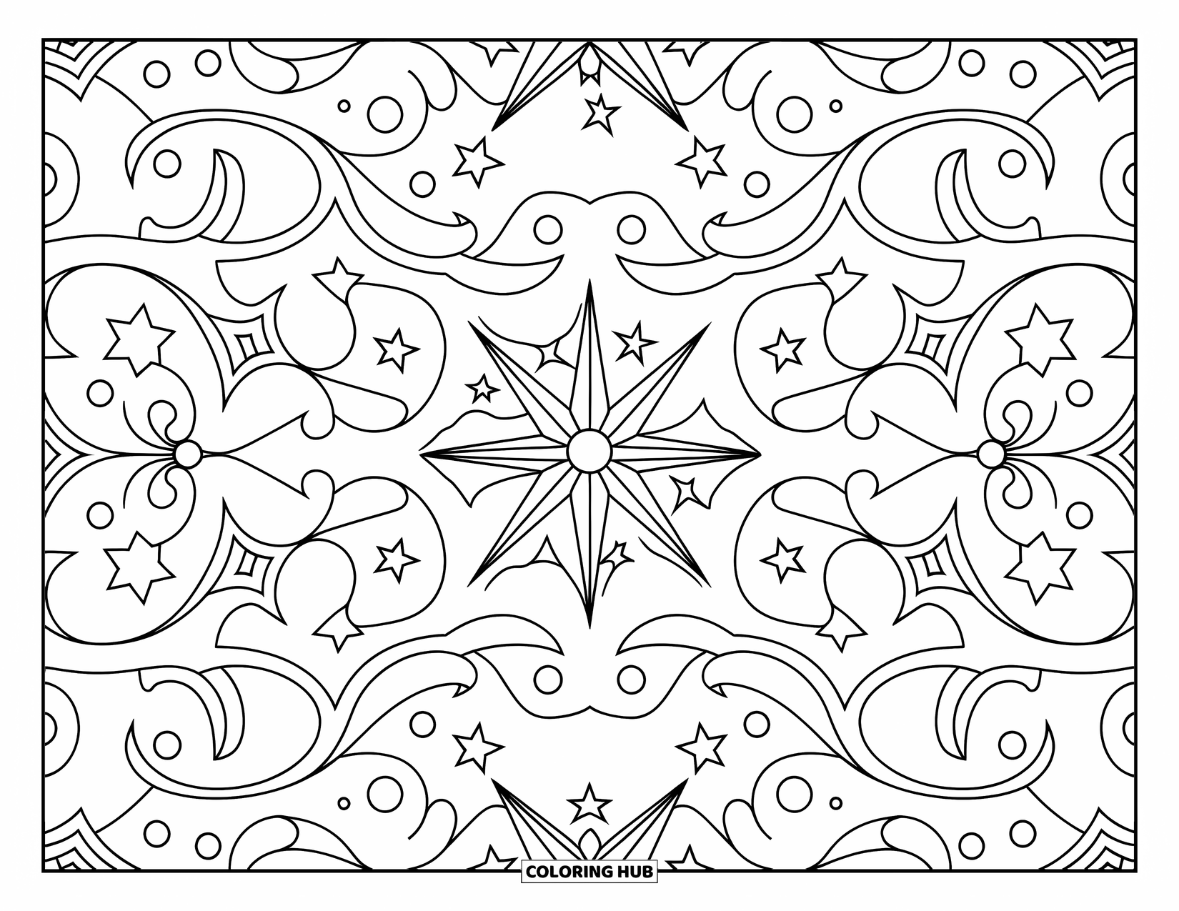 Desen de colorat cu stele pentru adulți: O mandala cerească detaliată cu stele, luni și modele florale vârtejuri