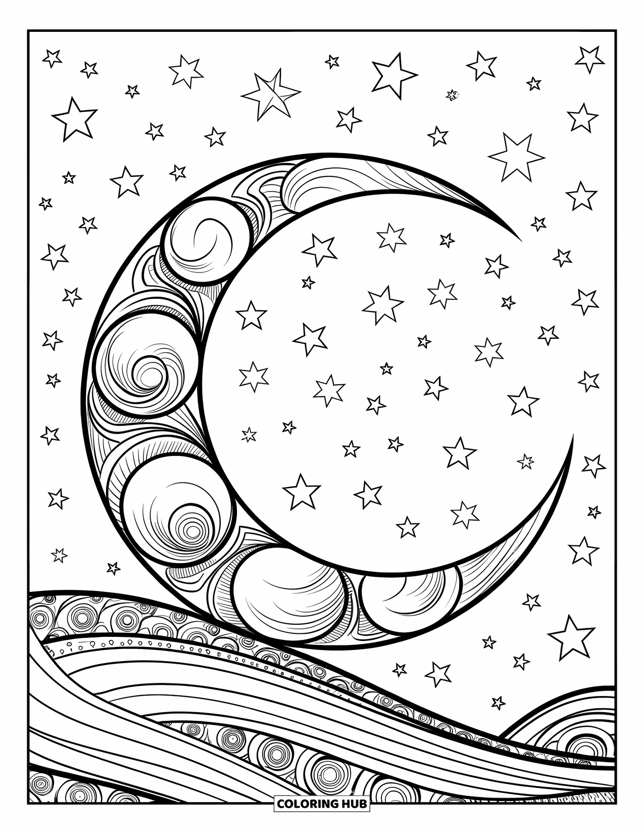 Desen de colorat cu stele pentru adulți: O semilună detaliată cu gravuri cerești și un cer înstelat înconjurător