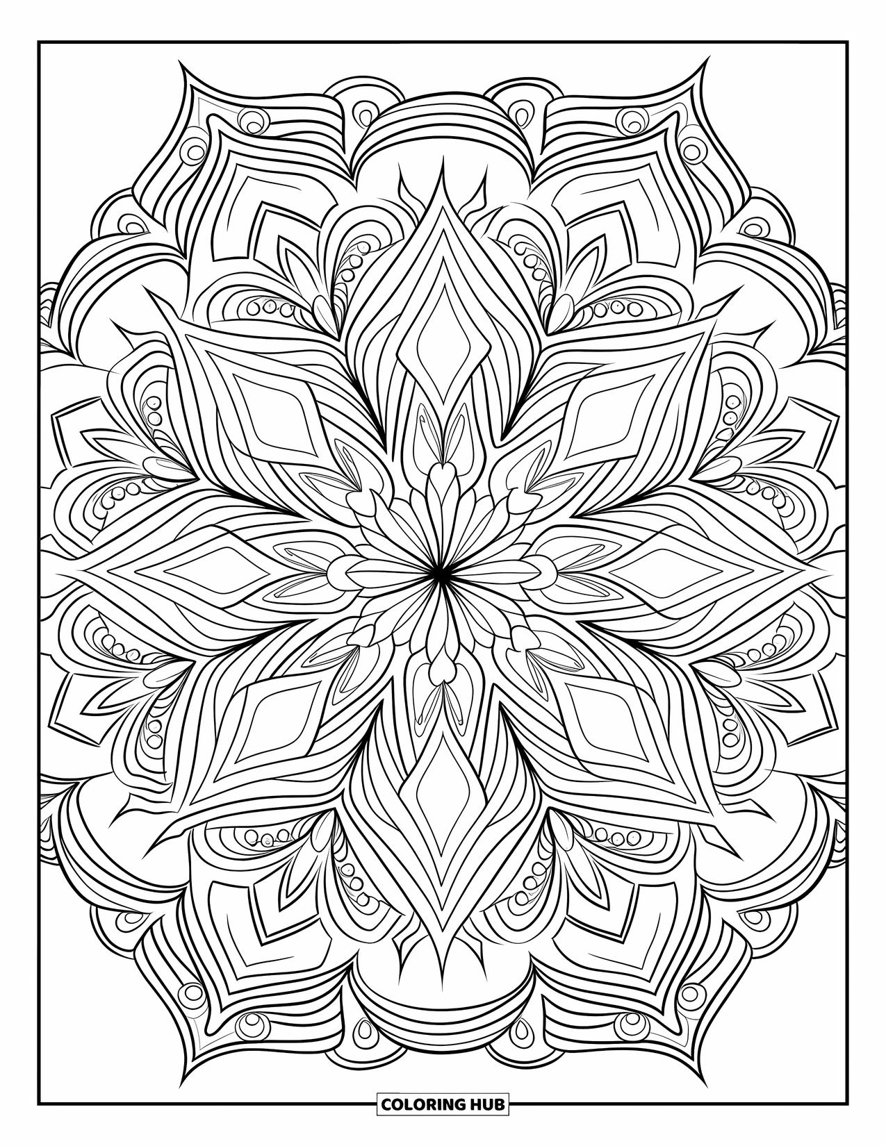 Desen de colorat cu stele pentru adulți: O mandala stea detaliată cu vârtejuri complicate, elemente geometrice și energie cerească