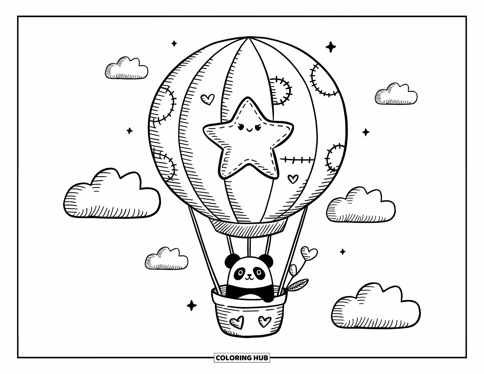 Desen de colorat cu stele pentru adulți: Un balon stea plutitor cu un panda mic plutește printre nori